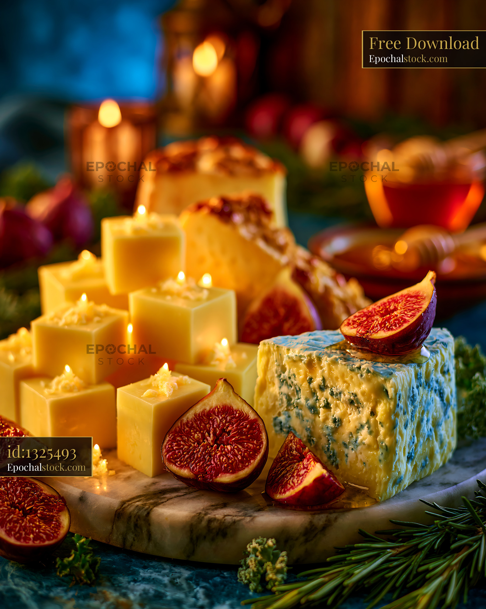 Watermarked full-resolution preview of Cheese platter with figs and candles arranged on a table