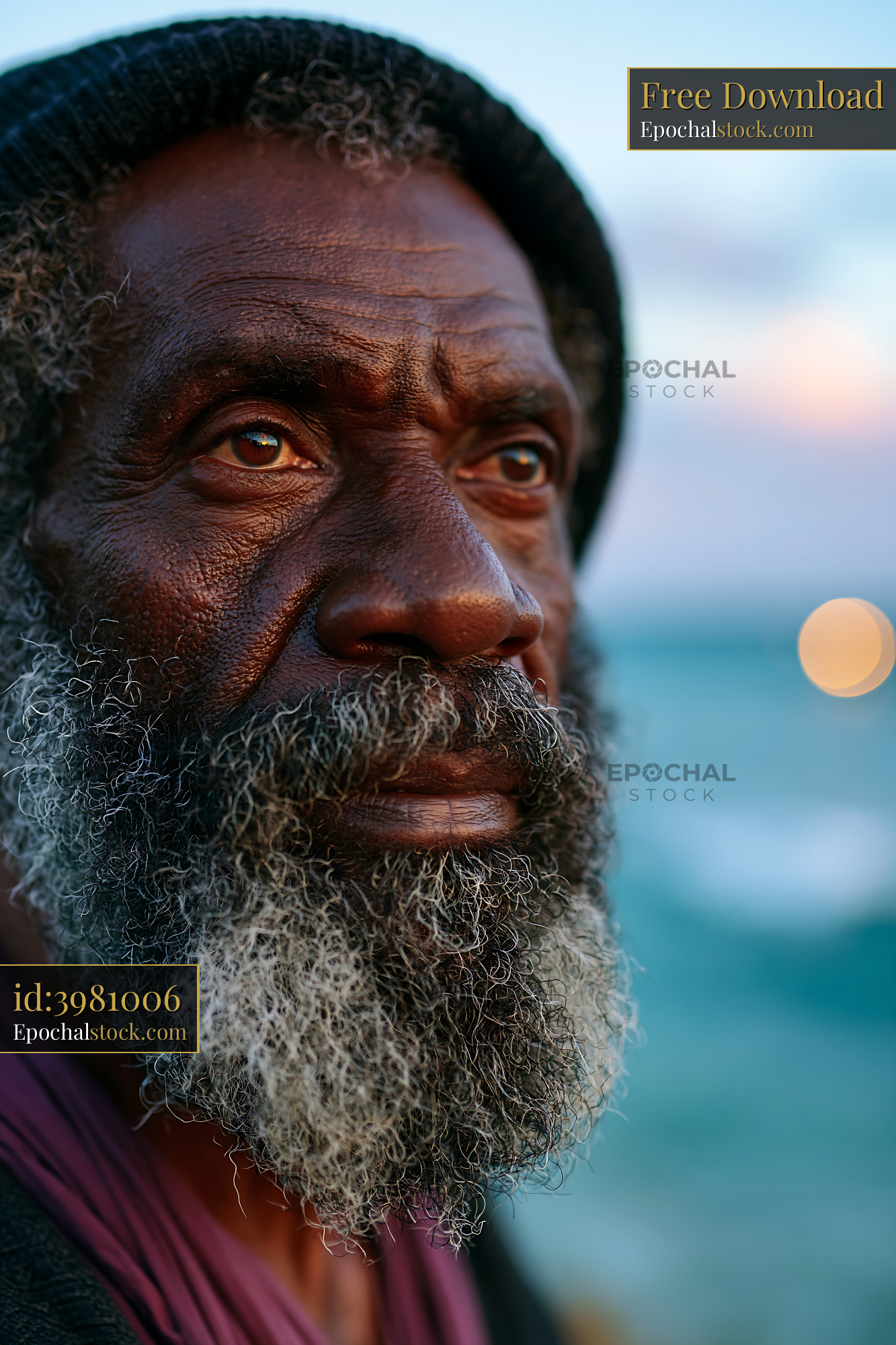 Watermarked full-resolution preview of Elderly man gazes at the ocean during sunset