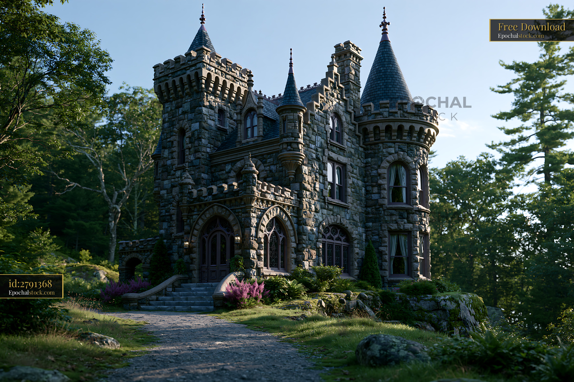 Watermarked full-resolution preview of Historic stone castle with towers in wooded area