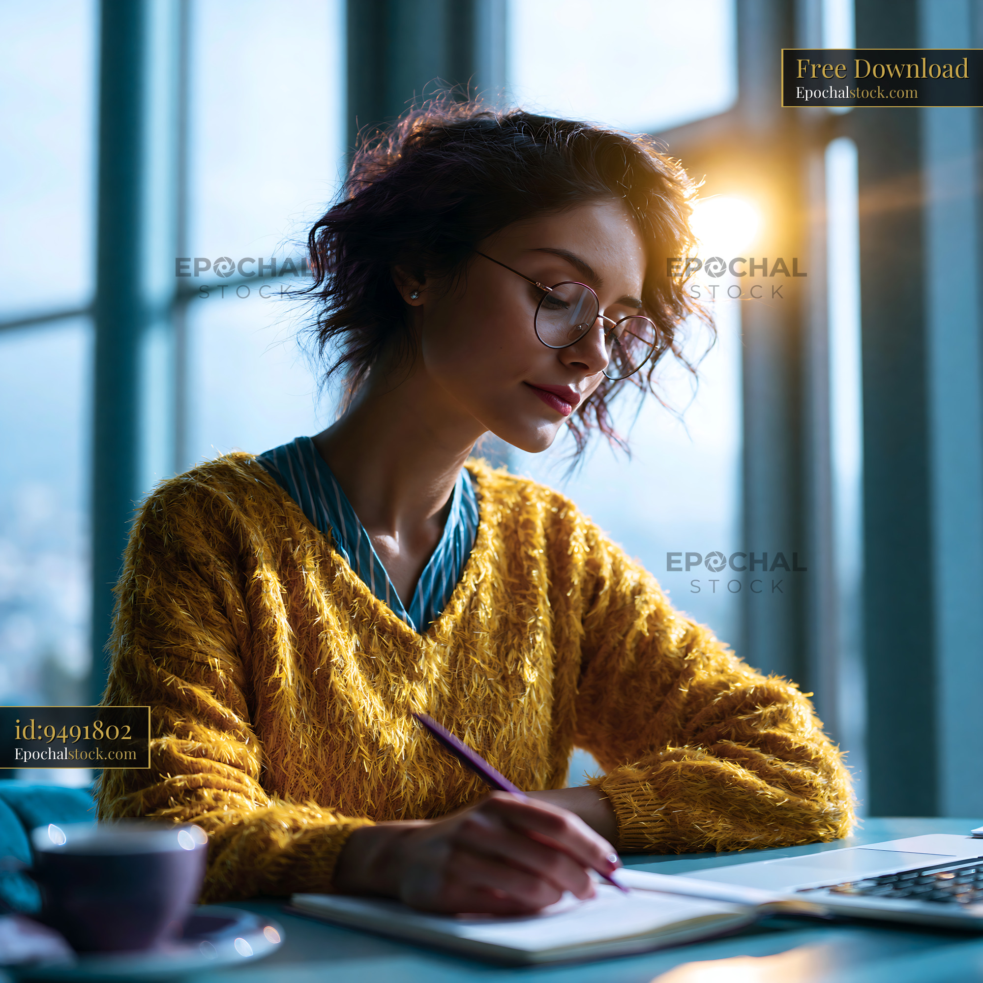 Watermarked full-resolution preview of Woman writing in a notebook by a window during sunset