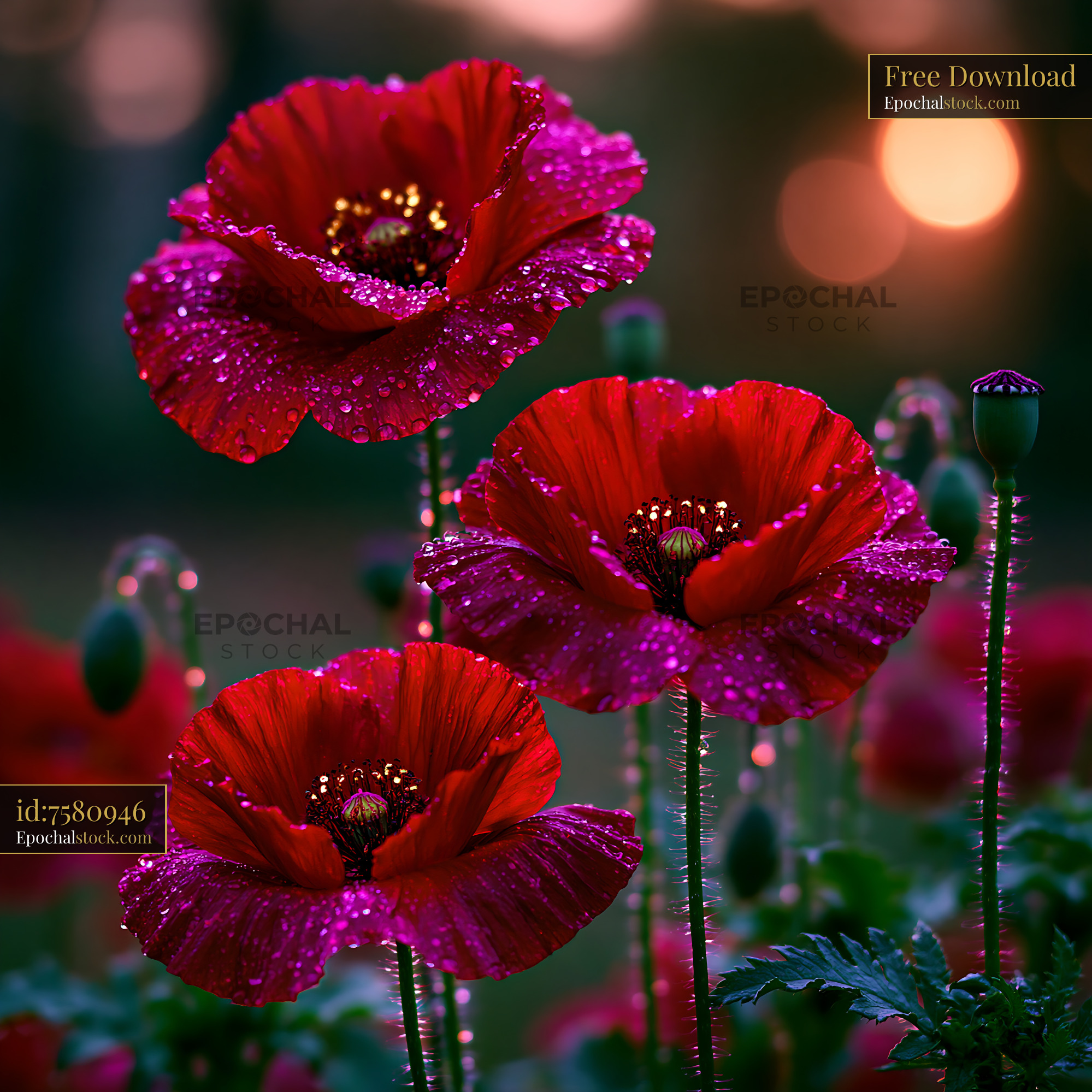 Watermarked full-resolution preview of Red poppies with dewdrops at sunset in a garden
