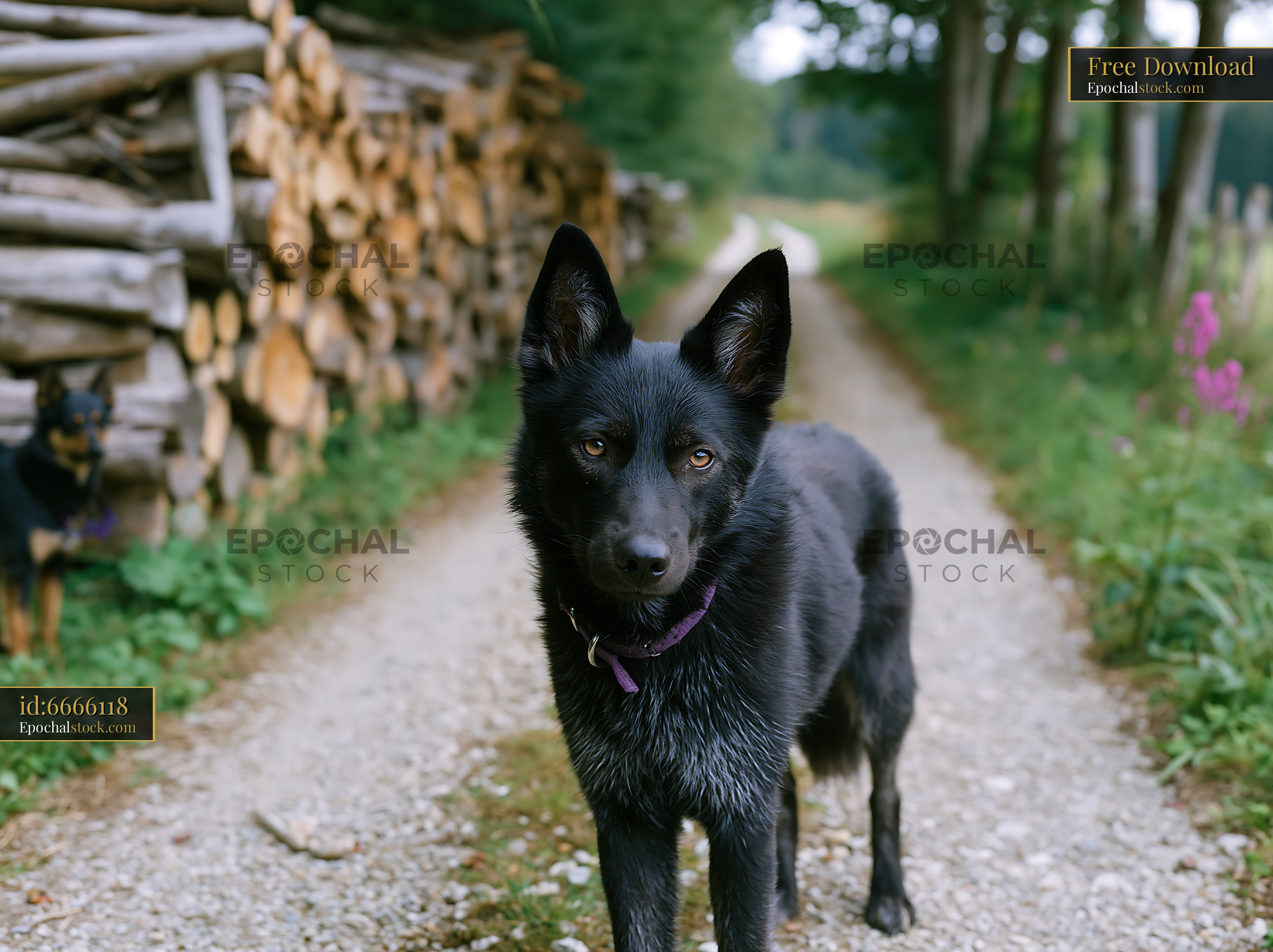 Black dog standing on a wooded rural road - stock photo