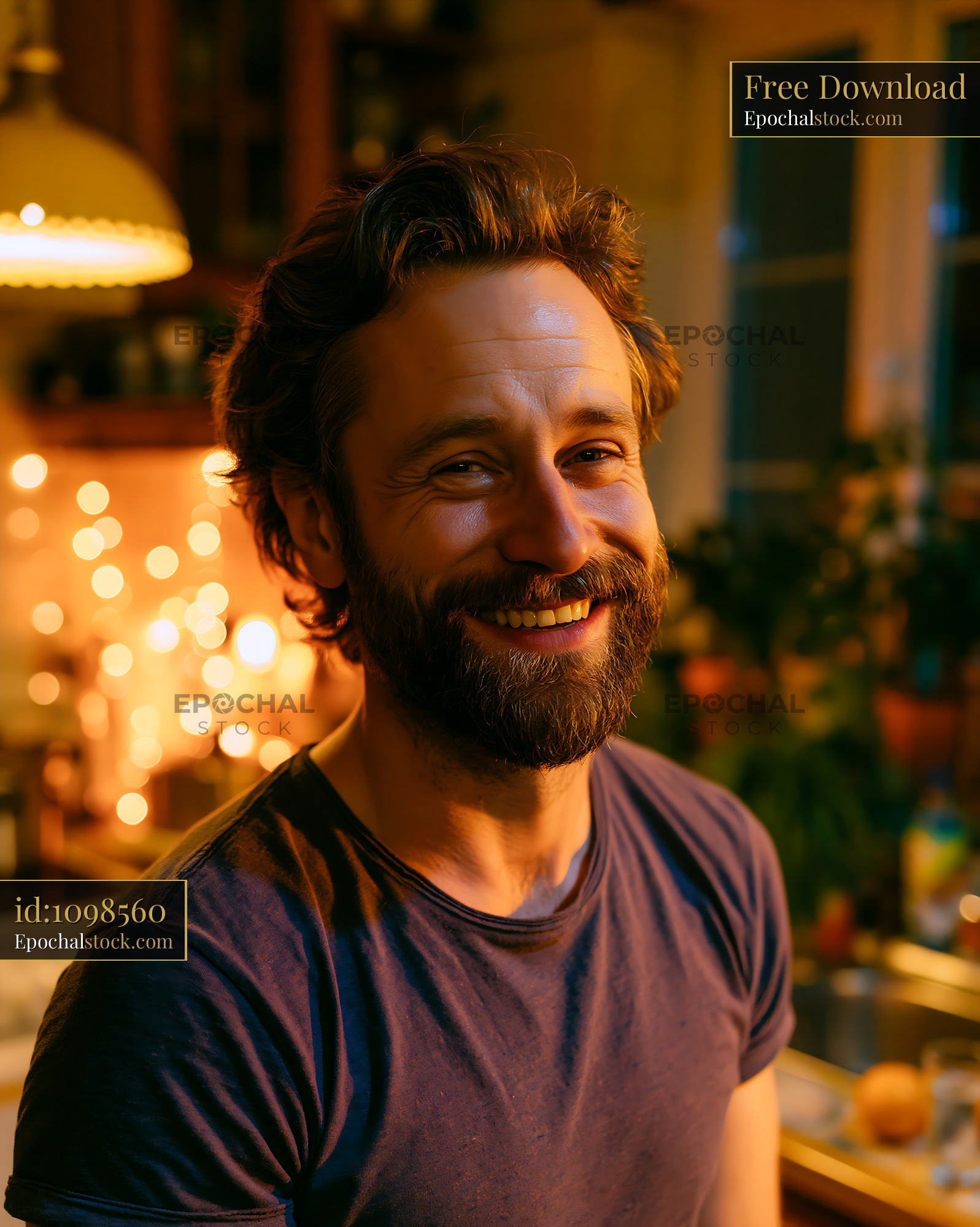Smiling Man in Kitchen With Warm Lights and Friendly Atmosphere - stock photo