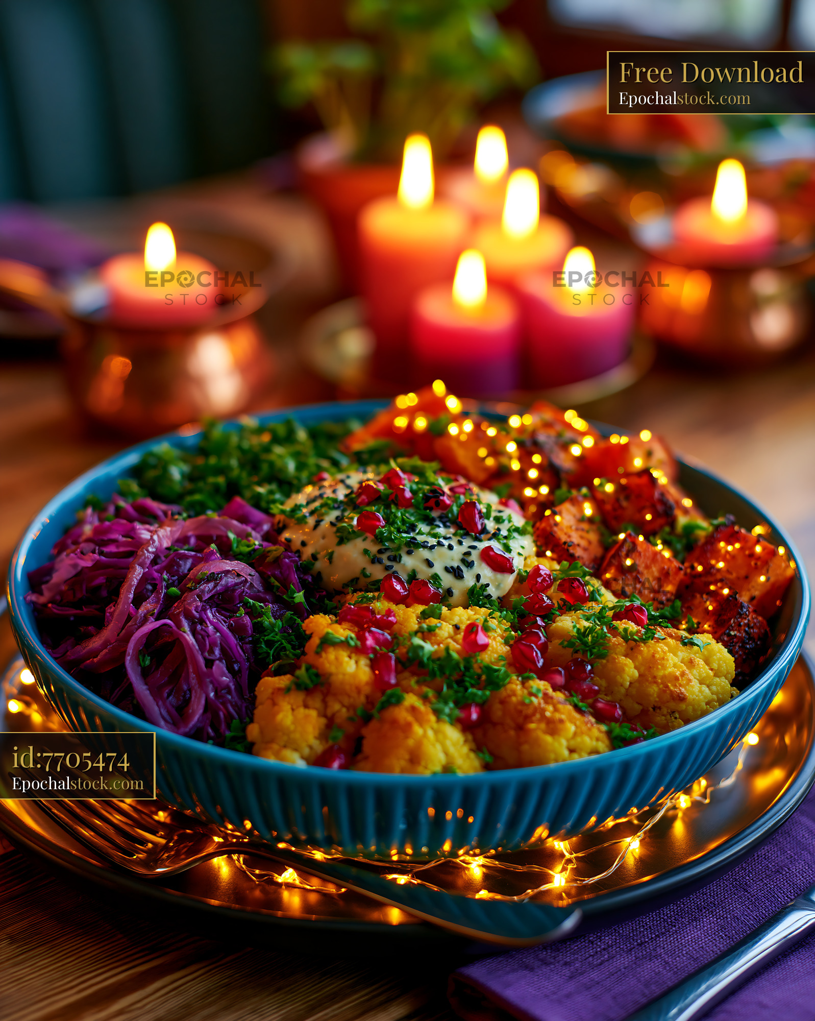 Watermarked full-resolution preview of Colorful meal served on table with candles and festive lights