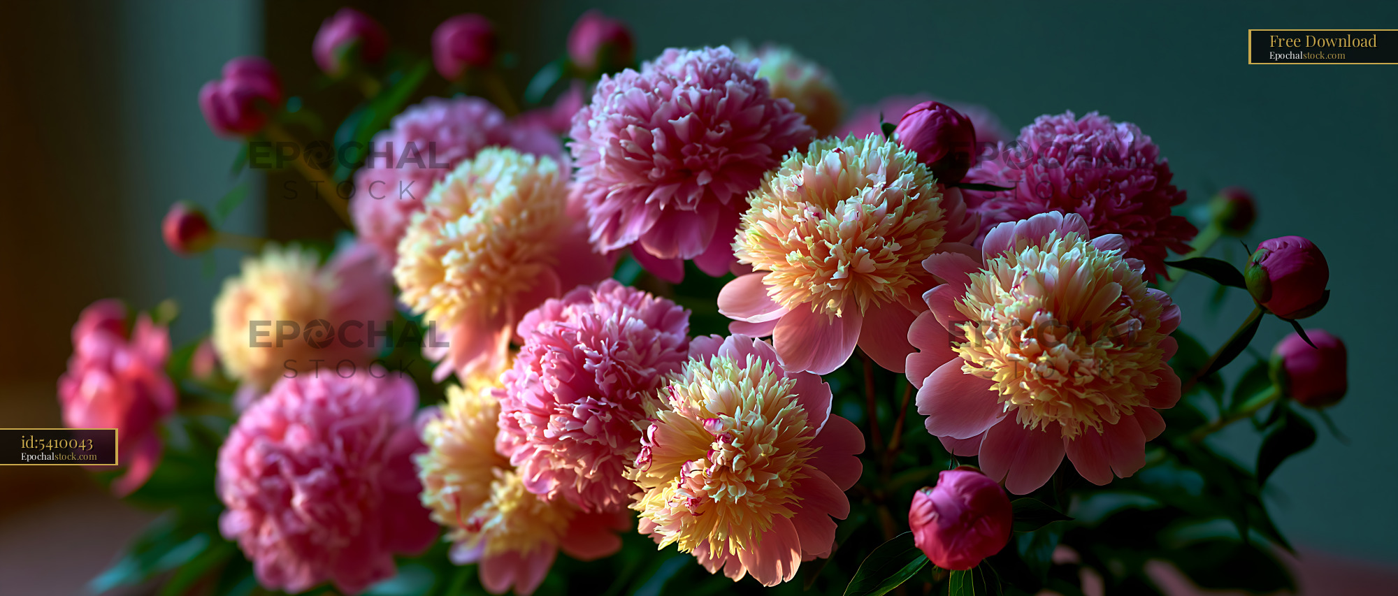 Watermarked full-resolution preview of Colorful peonies in a vase on a wooden table
