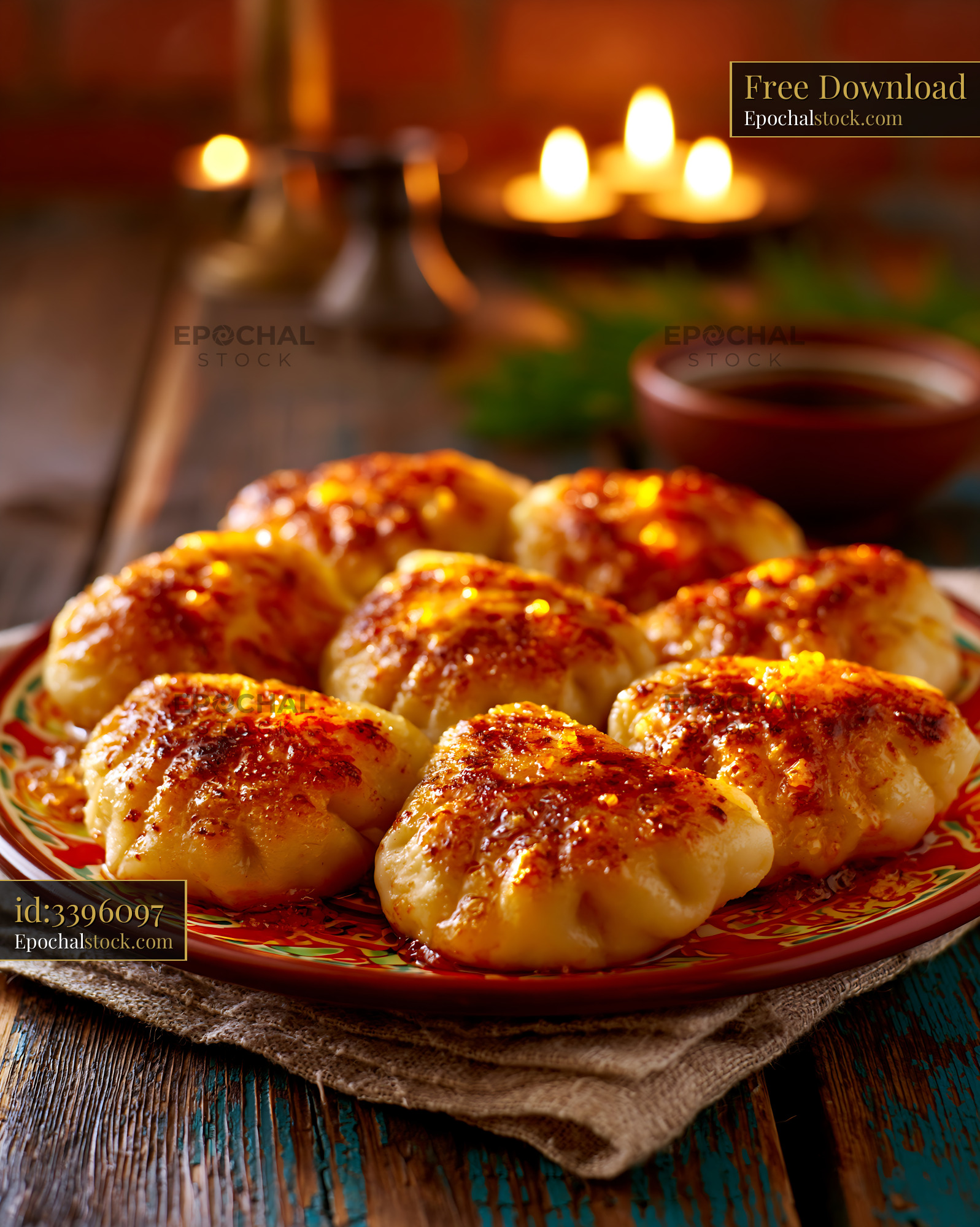 Watermarked full-resolution preview of Golden dumplings served on a decorative plate in warm lighting