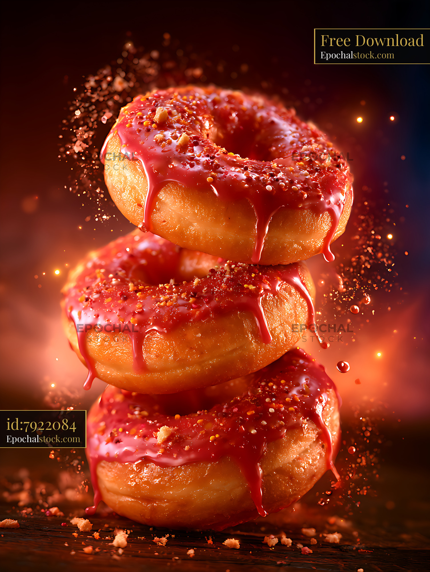 Watermarked full-resolution preview of Three red-glazed doughnuts stacked in dramatic light
