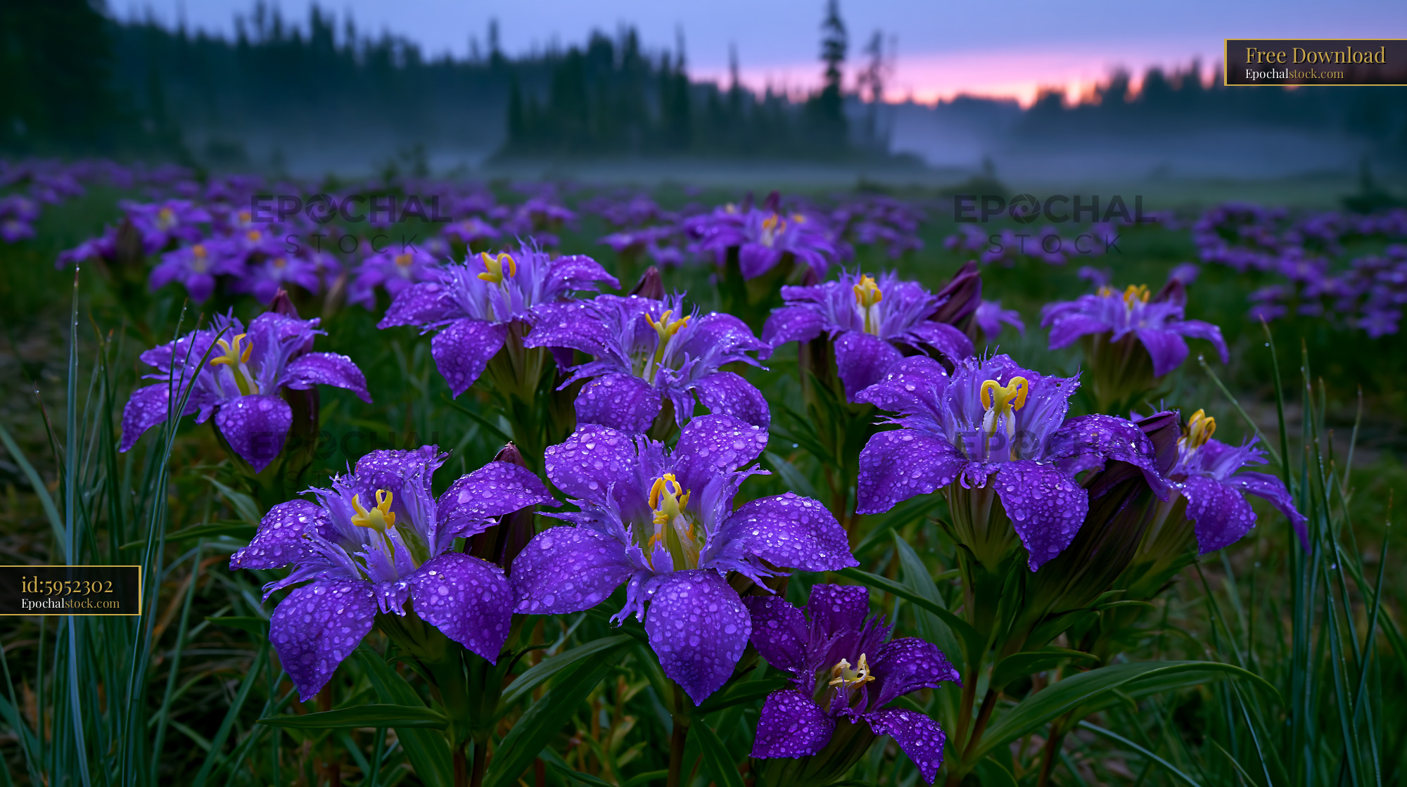 Watermarked full-resolution preview of Purple flowers bloom in a field at dawn with dew on petals