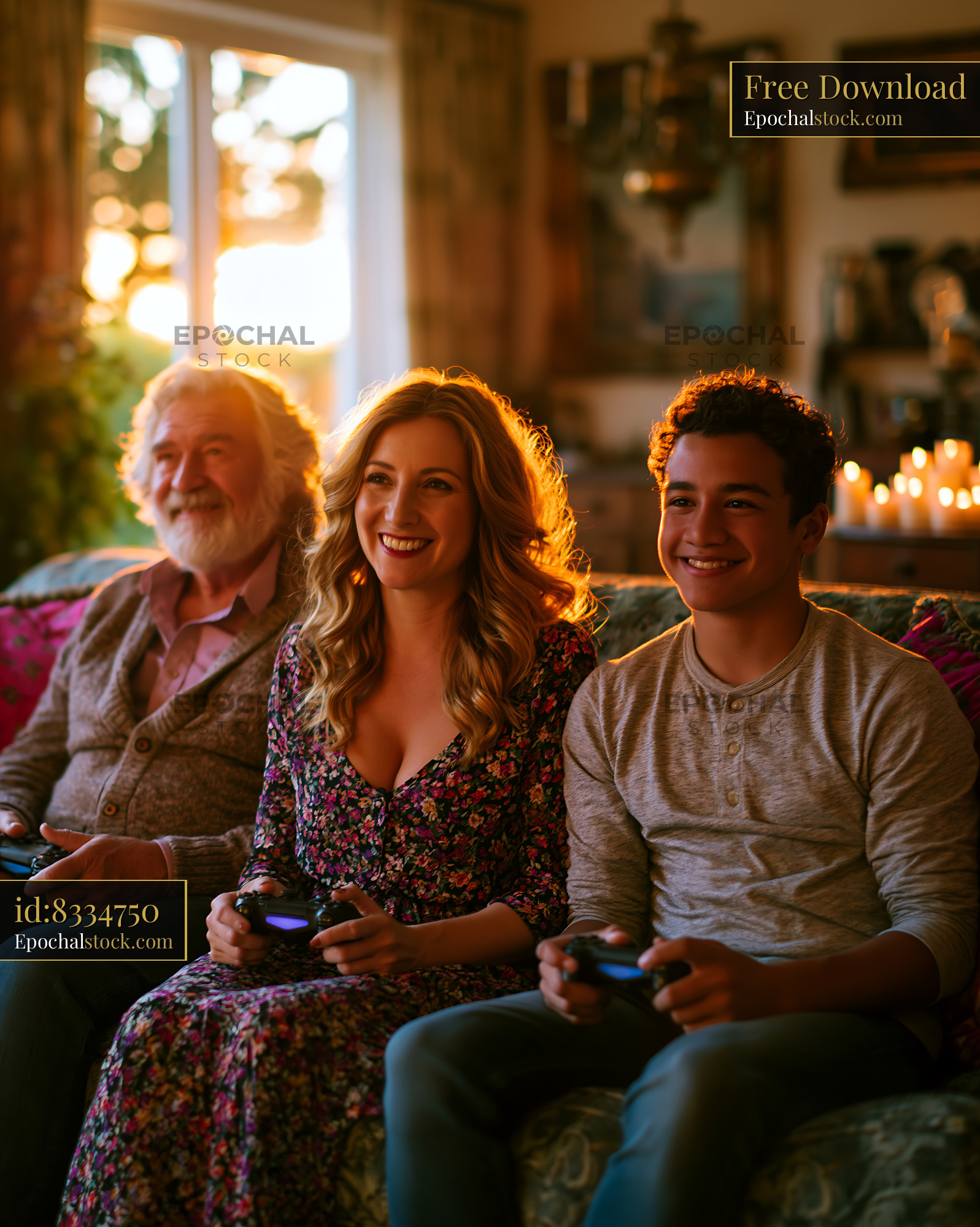 Watermarked full-resolution preview of Family enjoying video games together in living room at sunset