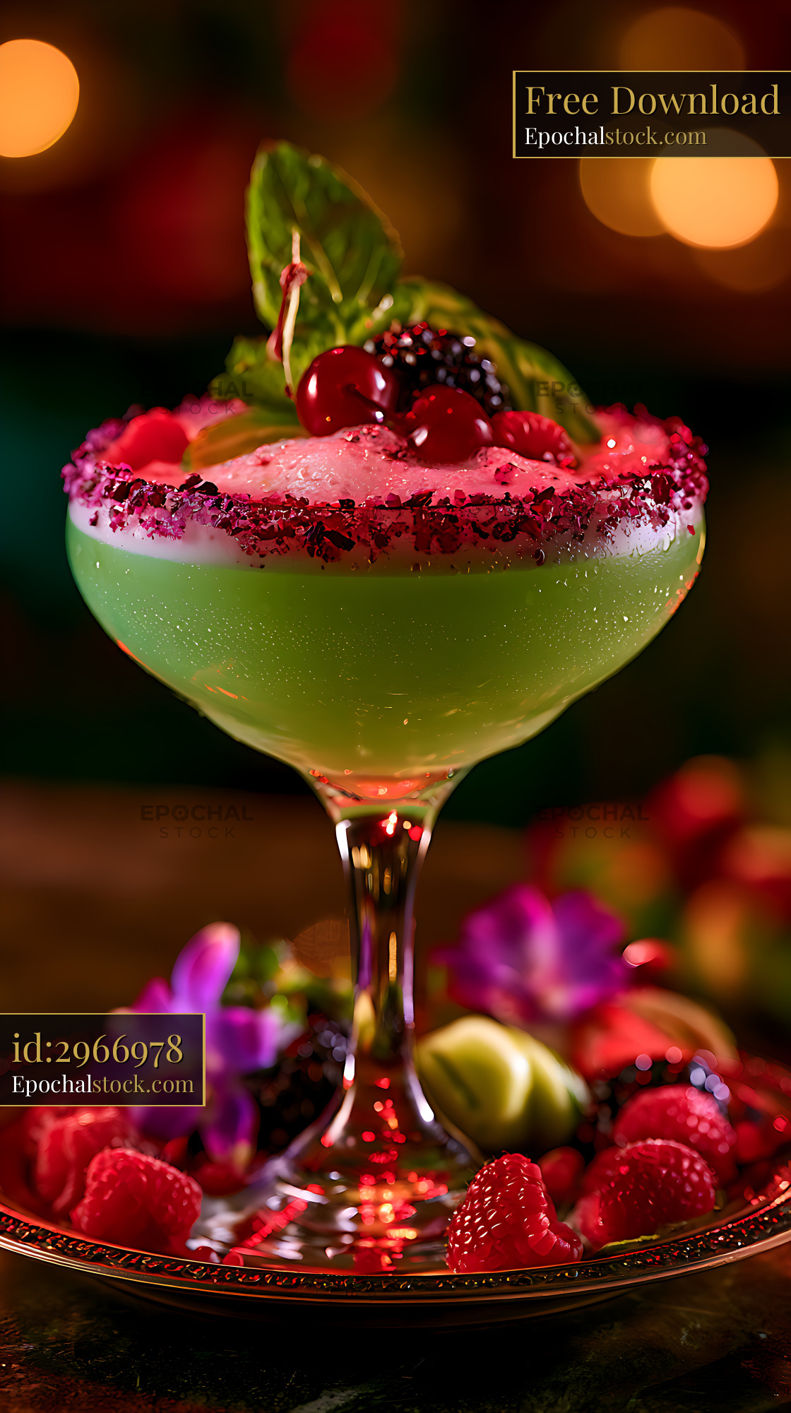 Watermarked full-resolution preview of Colorful cocktail with fruit garnishes on a decorative plate