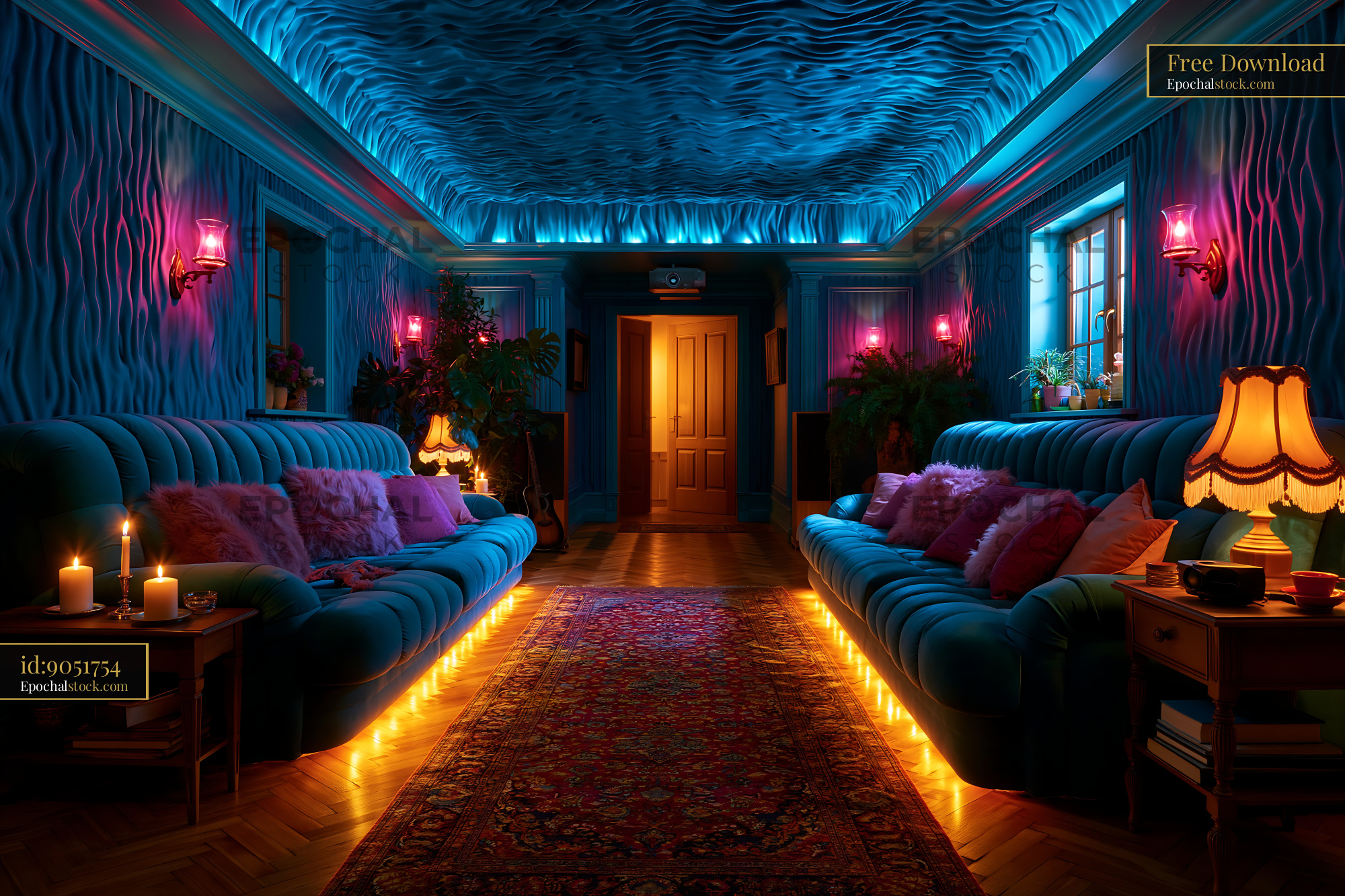 Watermarked full-resolution preview of Modern interior design with colorful lighting and cozy seating