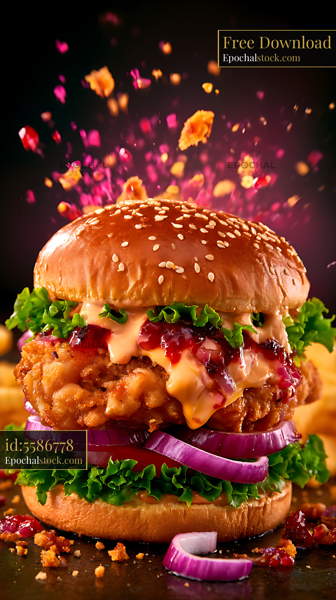 Watermarked full-resolution preview of Loaded crispy chicken burger with sesame bun and fresh toppings