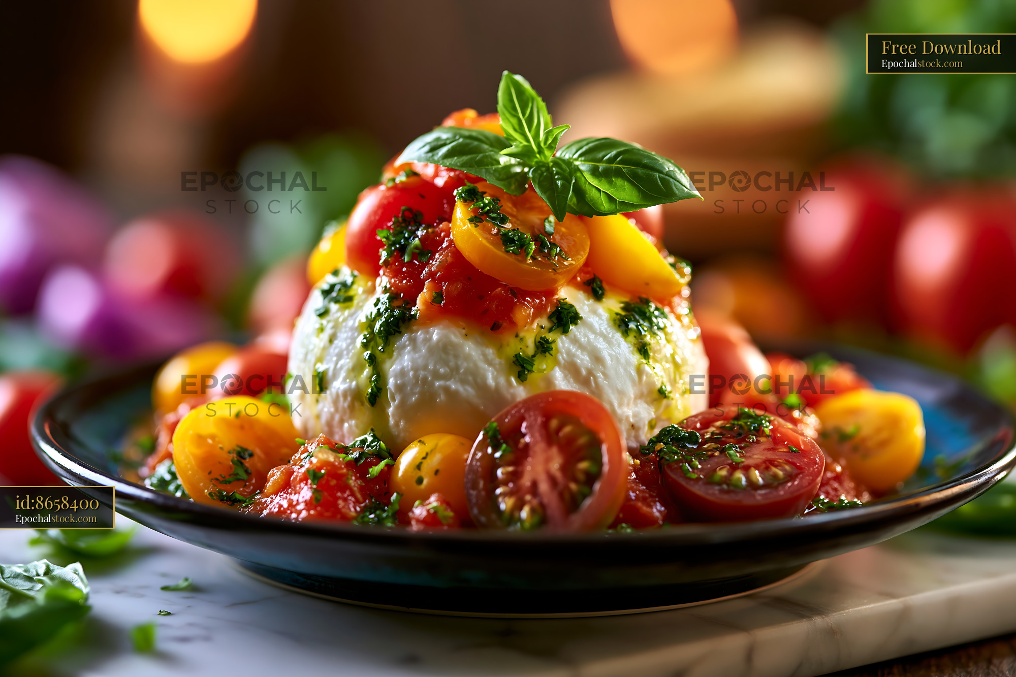 Watermarked full-resolution preview of Fresh mozzarella served with colorful tomatoes and basil