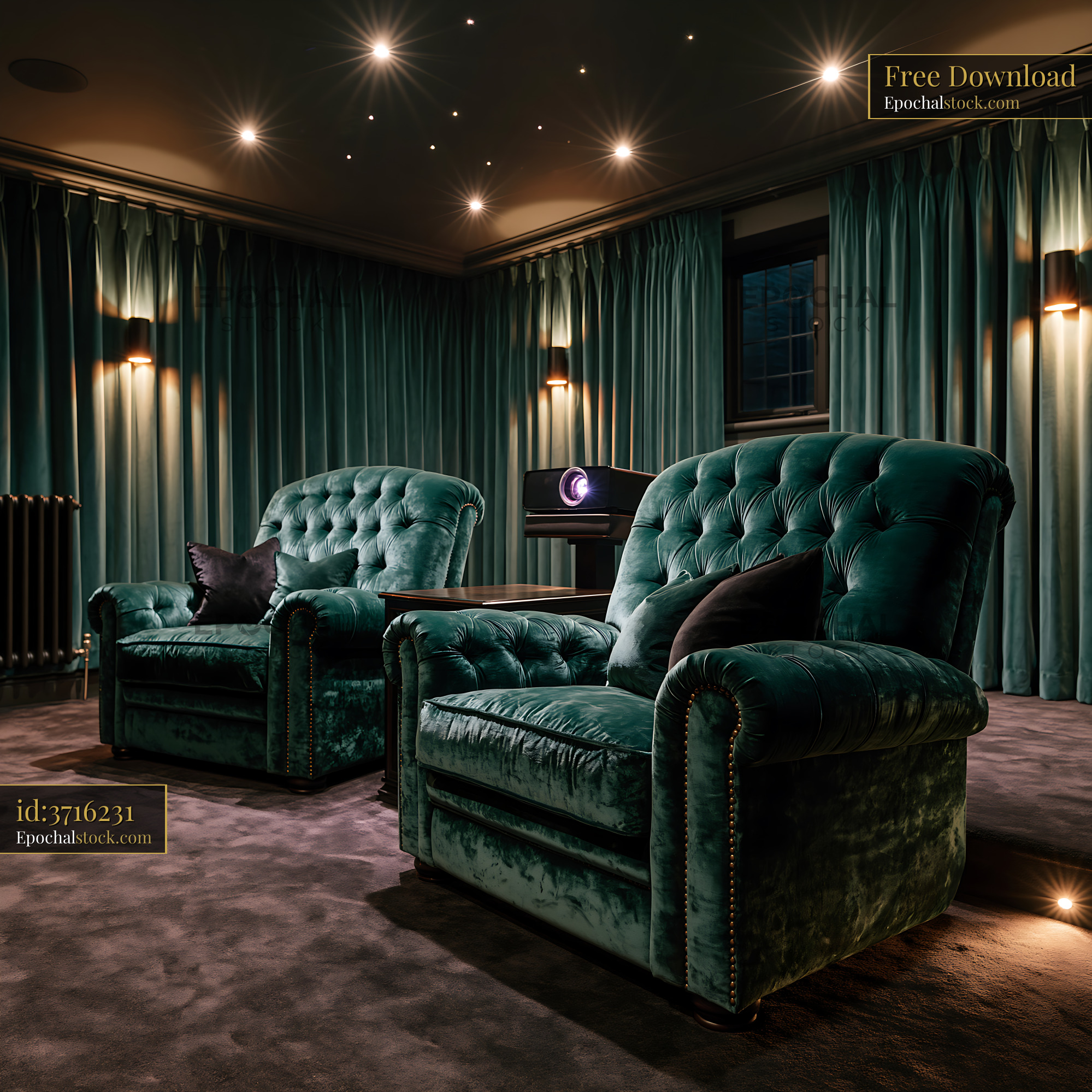 Watermarked full-resolution preview of Two green velvet chairs in a home theater with dim lighting