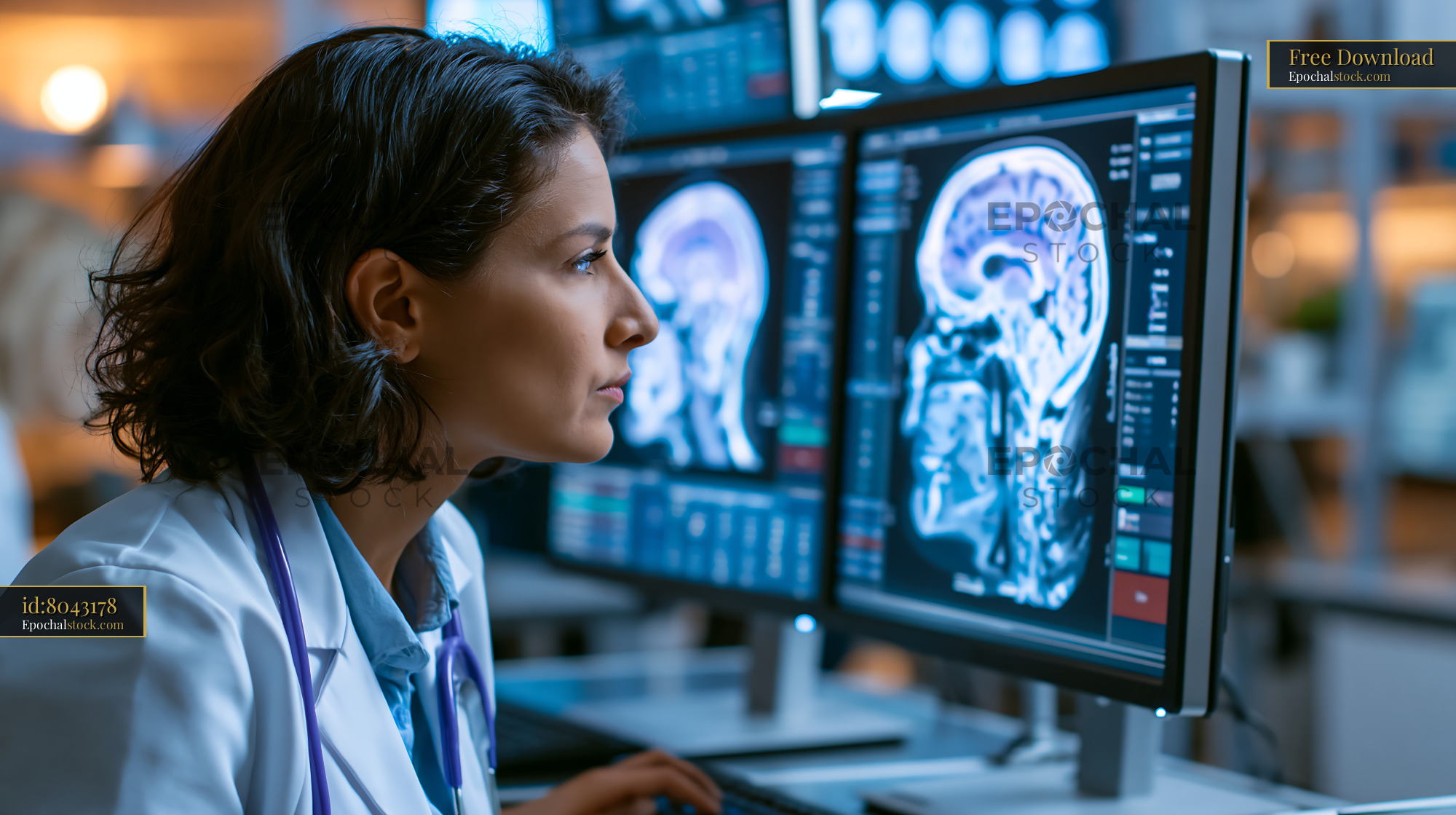 Watermarked full-resolution preview of Medical professional analyzing brain scans on computer screens