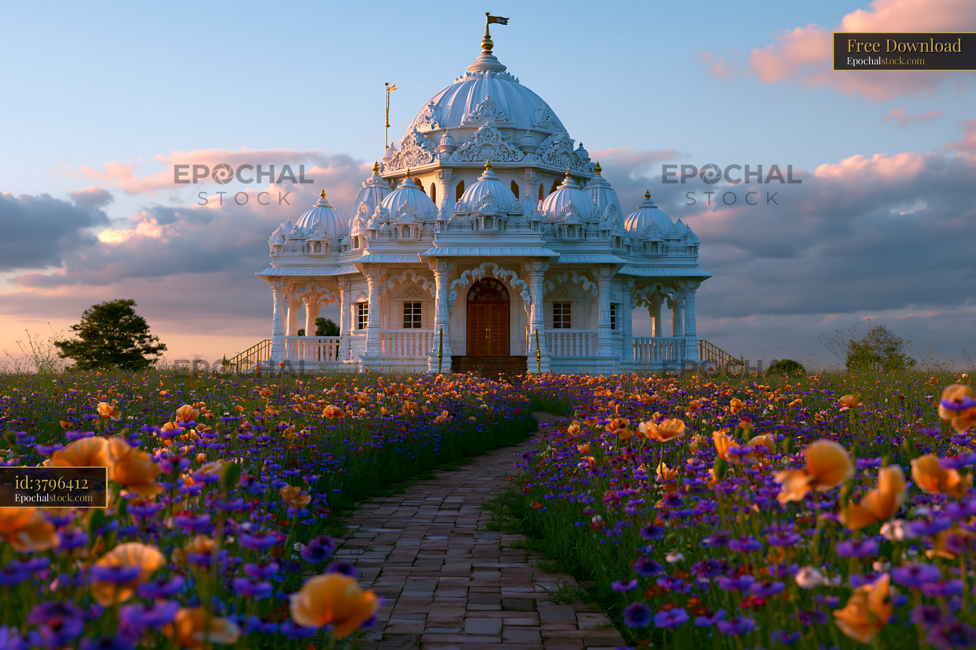 Watermarked full-resolution preview of White domed temple in a flower-filled meadow at sunset