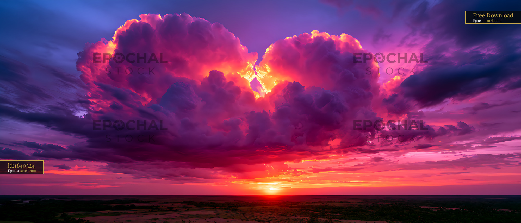 Watermarked full-resolution preview of Vibrant sunset beneath towering purple storm clouds