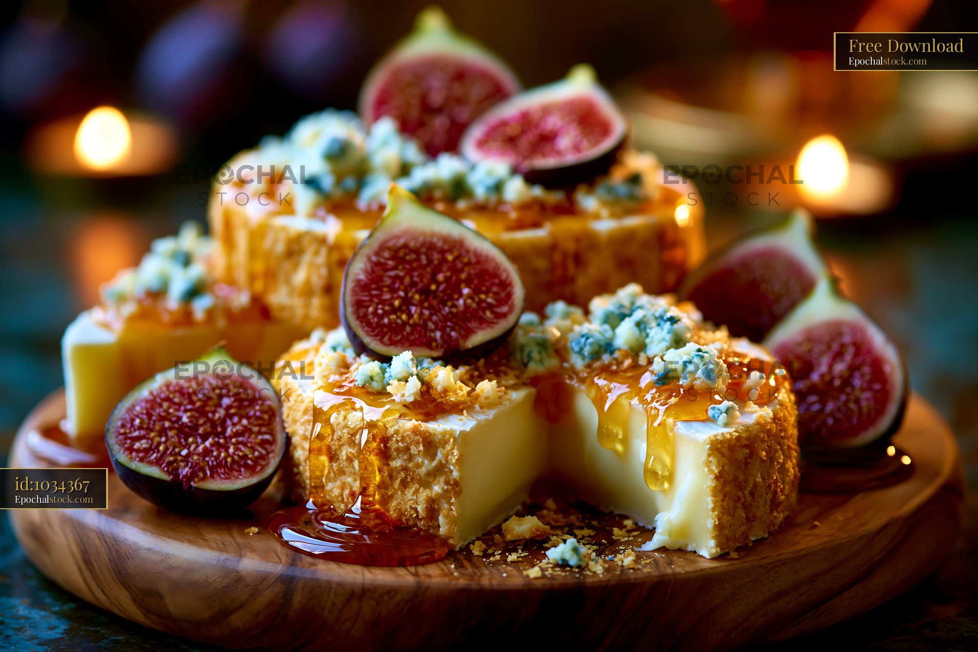 Watermarked full-resolution preview of Cheese and fig platter with honey on a wooden board