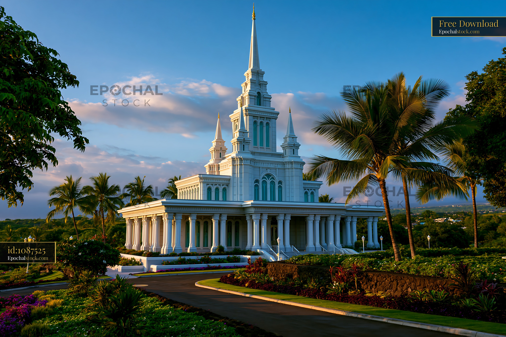 Watermarked full-resolution preview of Ornate white temple in a tropical landscape