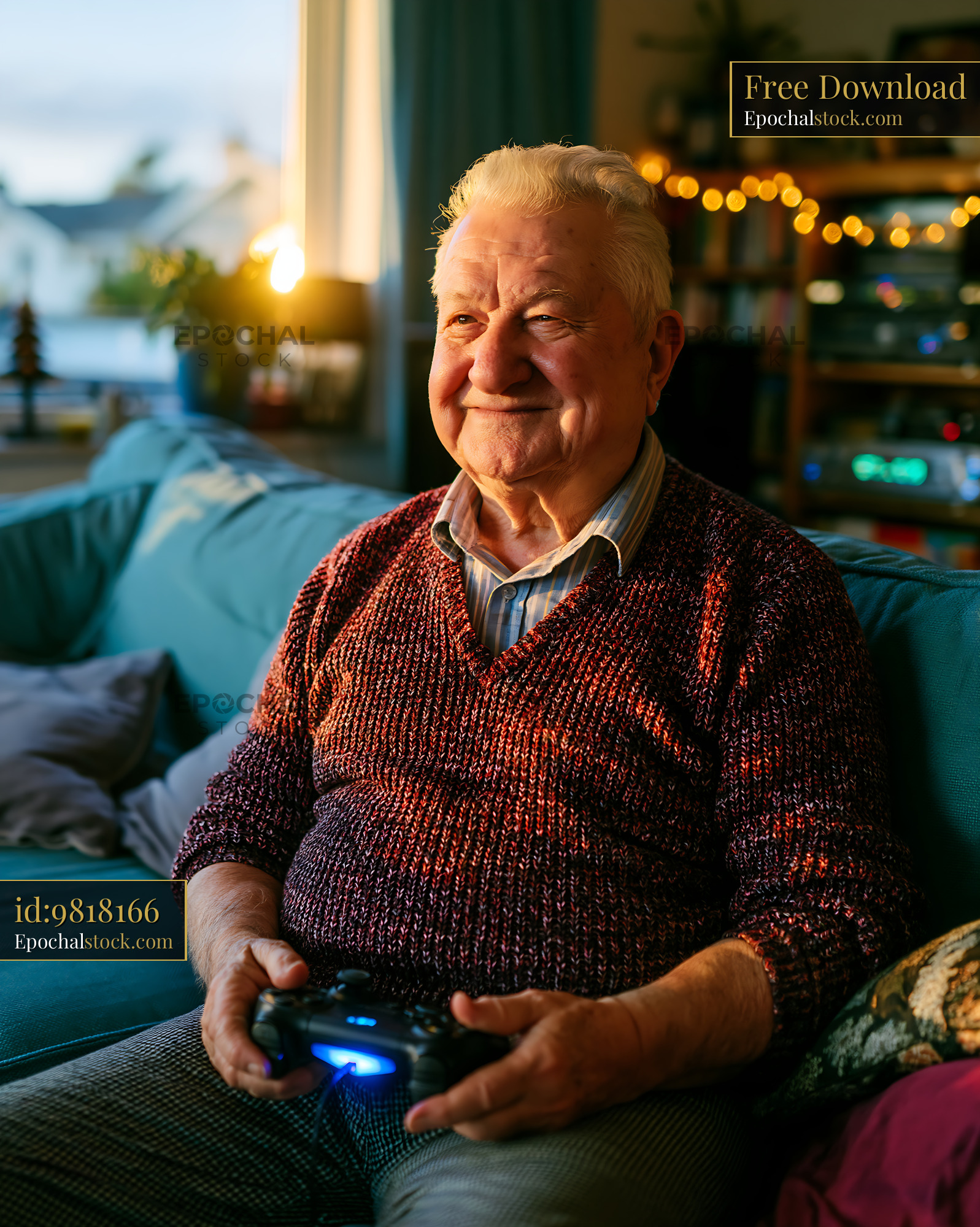 Watermarked full-resolution preview of Senior man playing video games at home in the evening