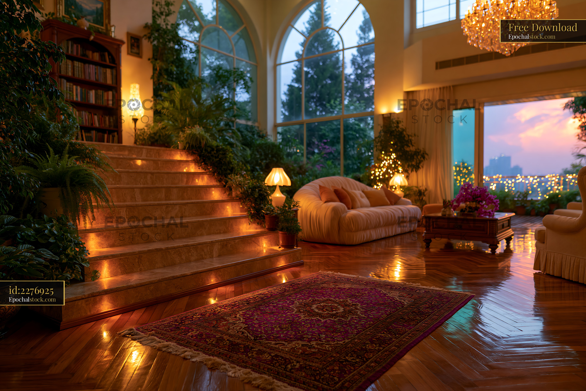 Watermarked full-resolution preview of Cozy living room with warm lighting and a staircase