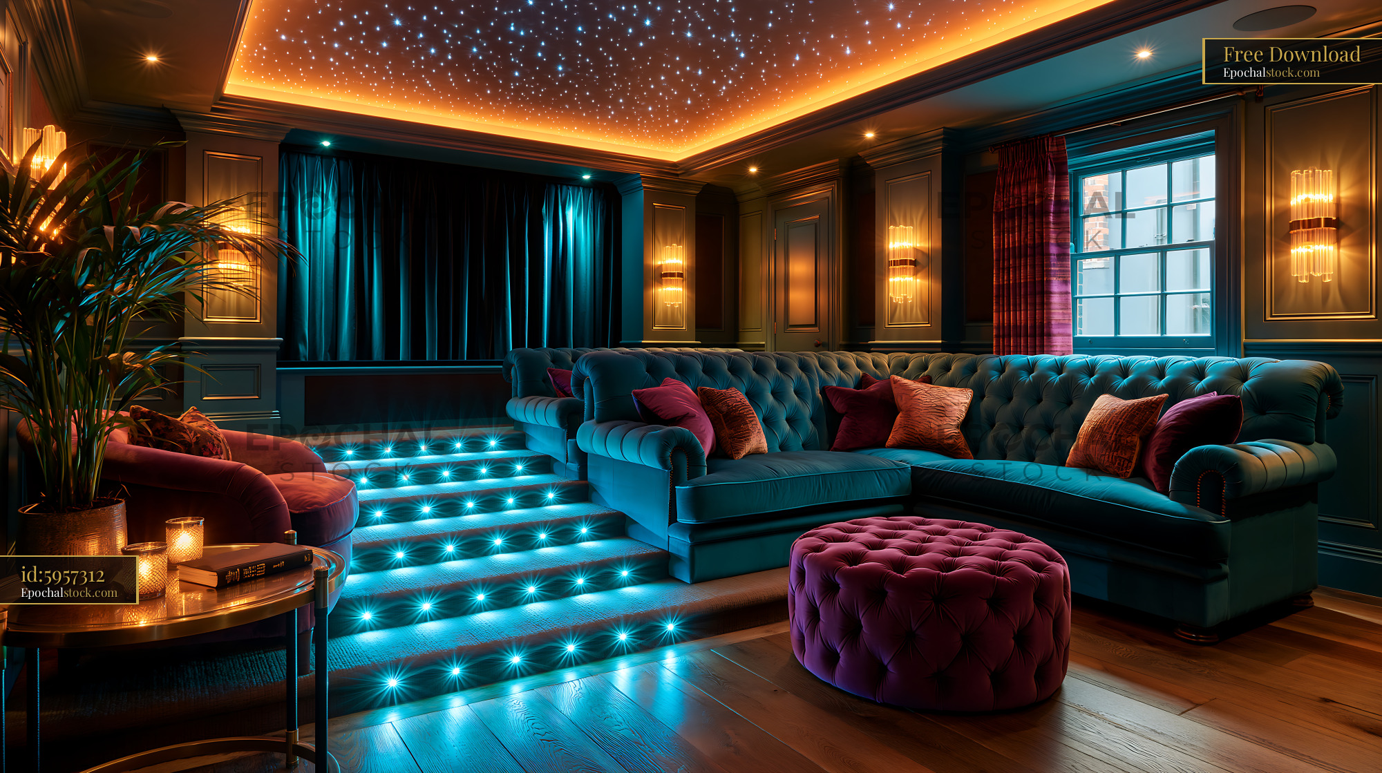 Watermarked full-resolution preview of Stylish living room with blue couch and bright starry ceiling