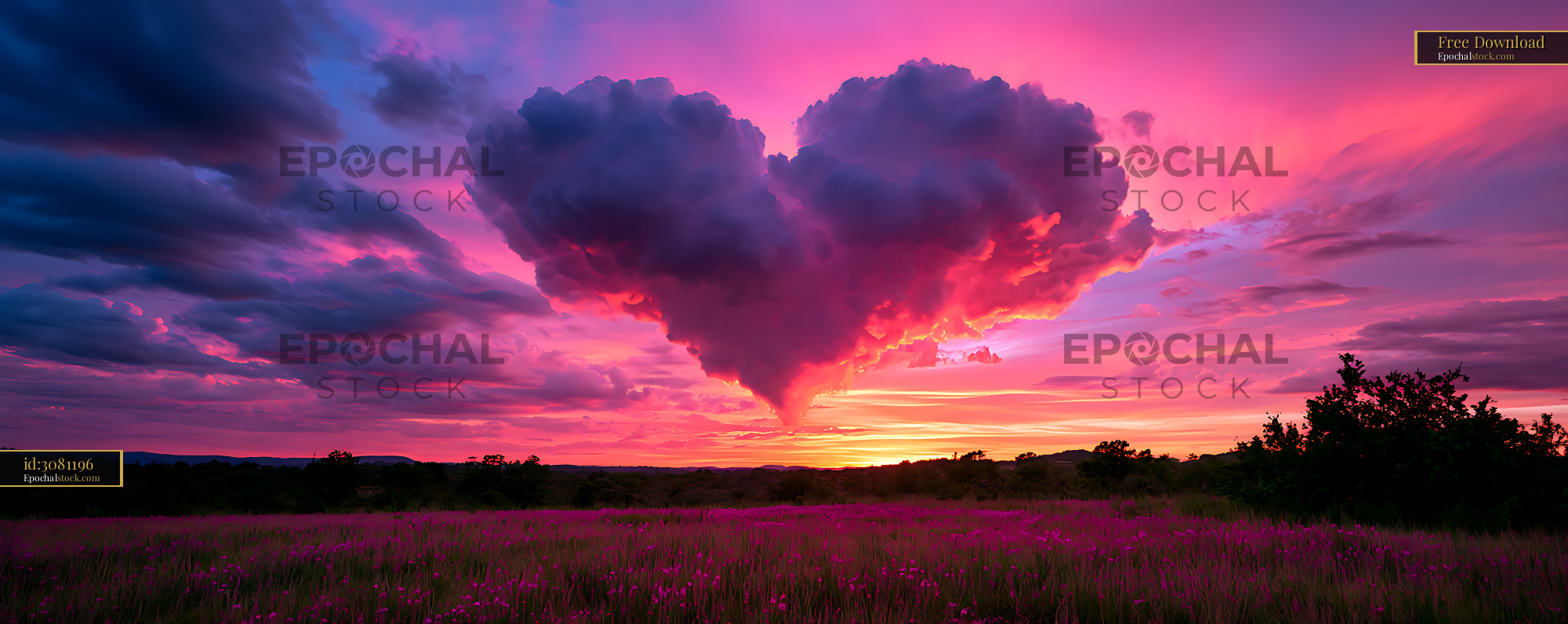 Watermarked full-resolution preview of Colorful sunset with towering clouds above a meadow