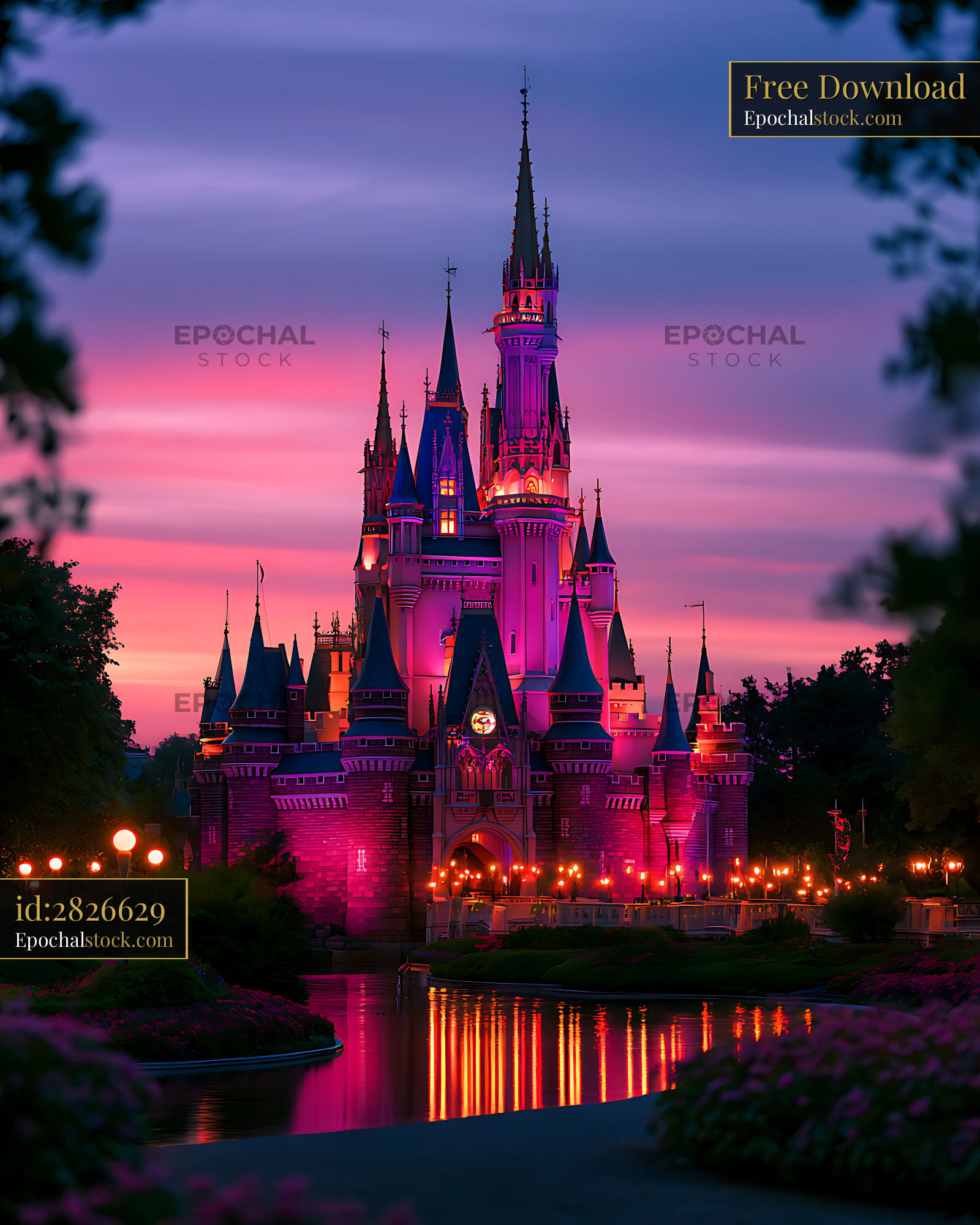 Watermarked full-resolution preview of Colorful castle glowing beside reflective water at dusk
