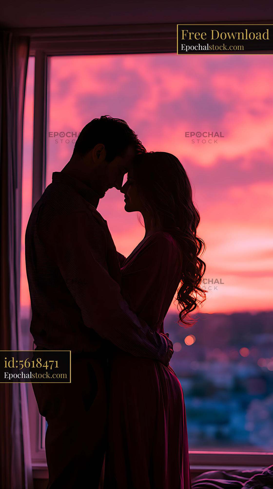 Watermarked full-resolution preview of Romantic silhouette of a couple by a glowing sunset window
