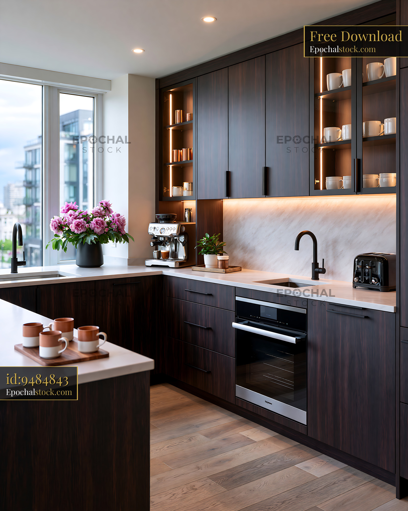 Watermarked full-resolution preview of Modern kitchen with dark wood cabinets and bright lighting