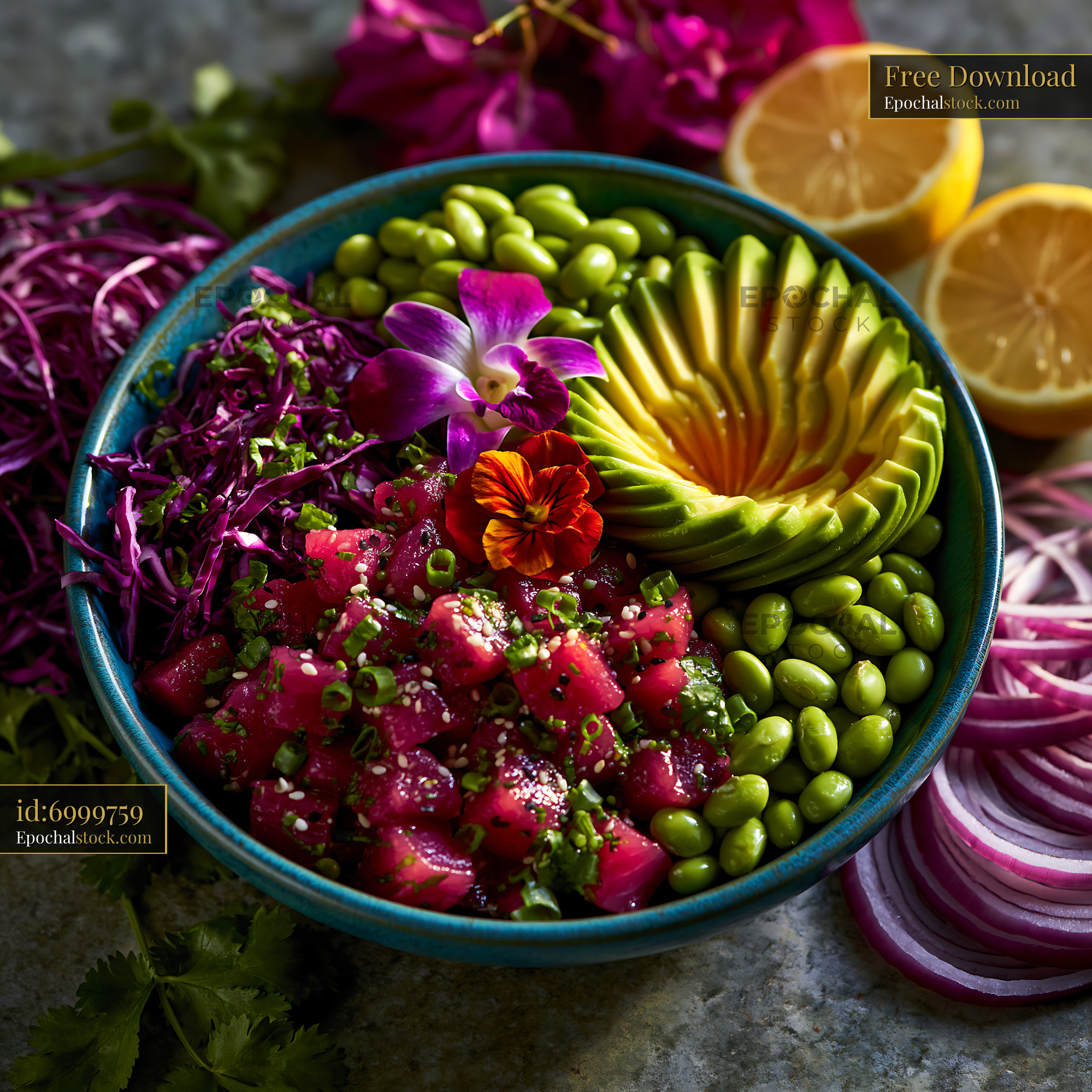 Watermarked full-resolution preview of Colorful bowl of fresh salad with various vegetables and fruits