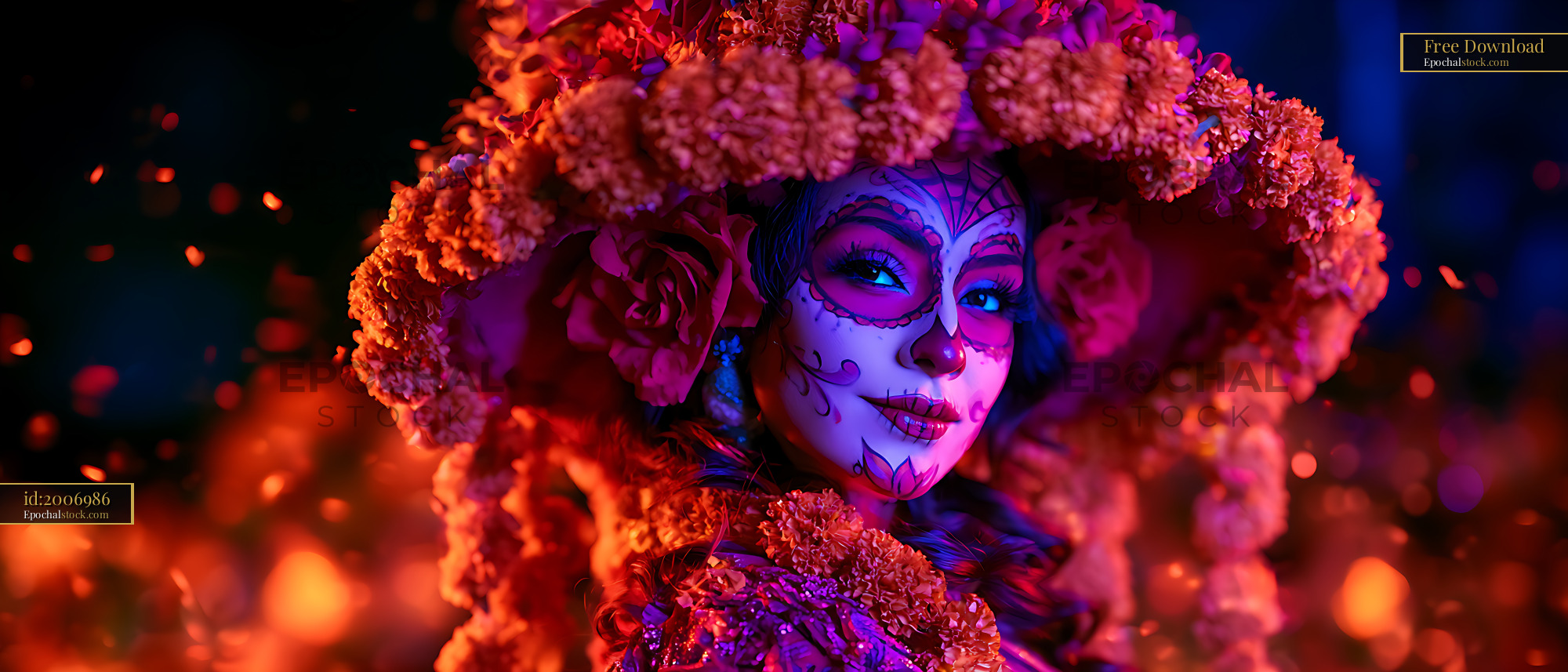 Watermarked full-resolution preview of Colorful close-up portrait with flowers and face paint