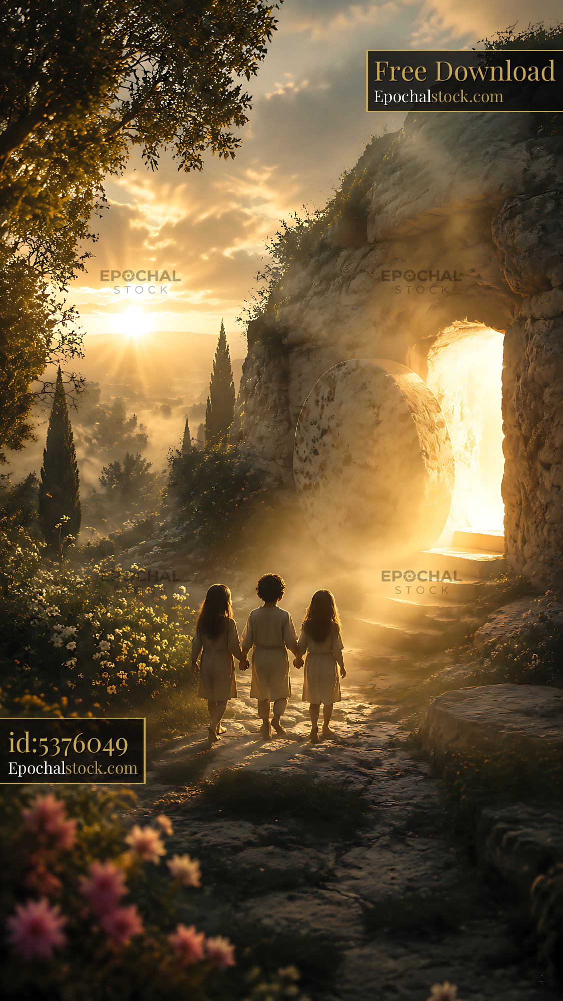 Watermarked full-resolution preview of Children walking towards a glowing entrance on a path at sunset
