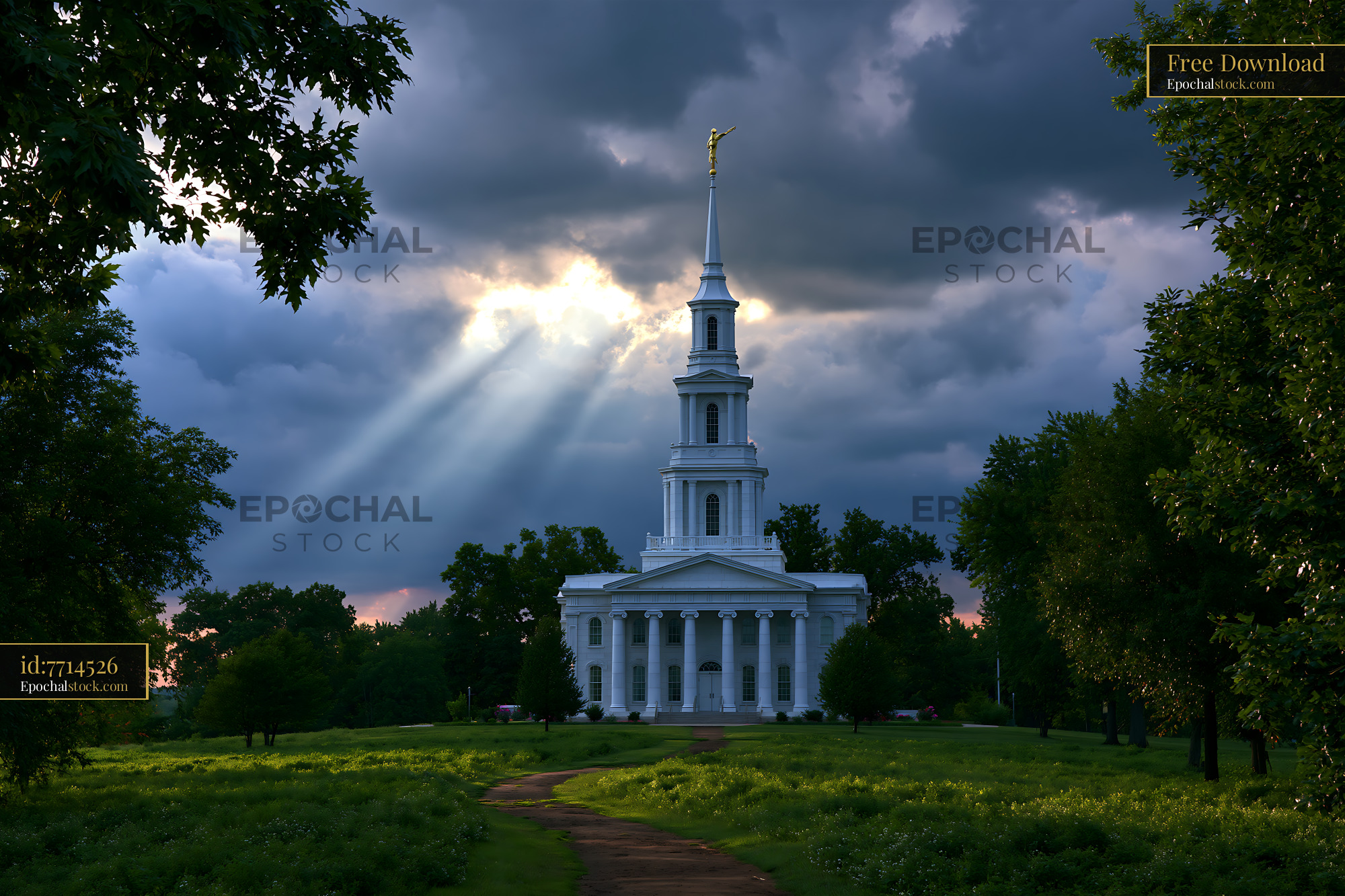 Watermarked full-resolution preview of White church and steeple under dramatic clouds