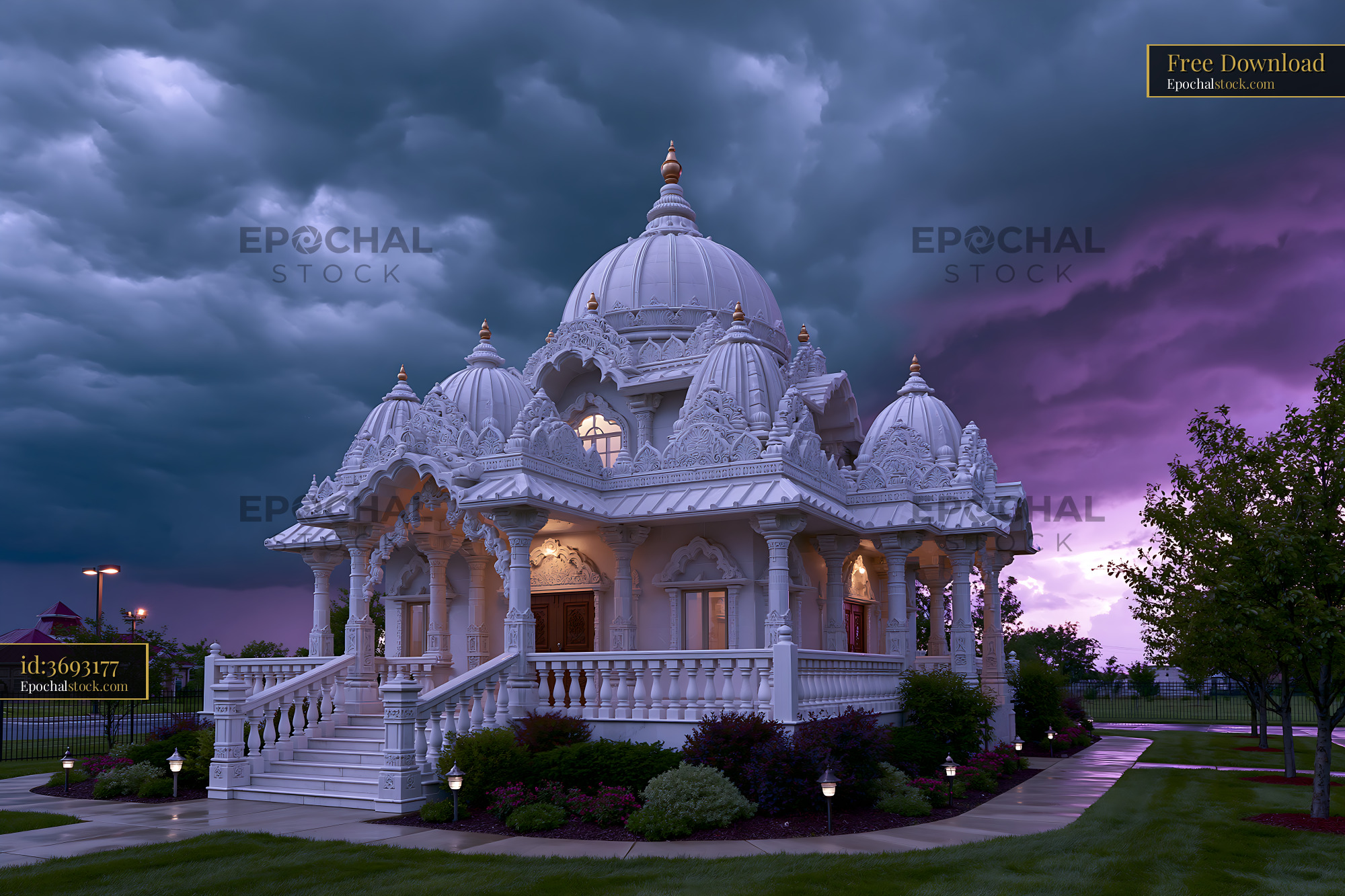 Watermarked full-resolution preview of Beautiful temple with cloudy sky in the background near sunset