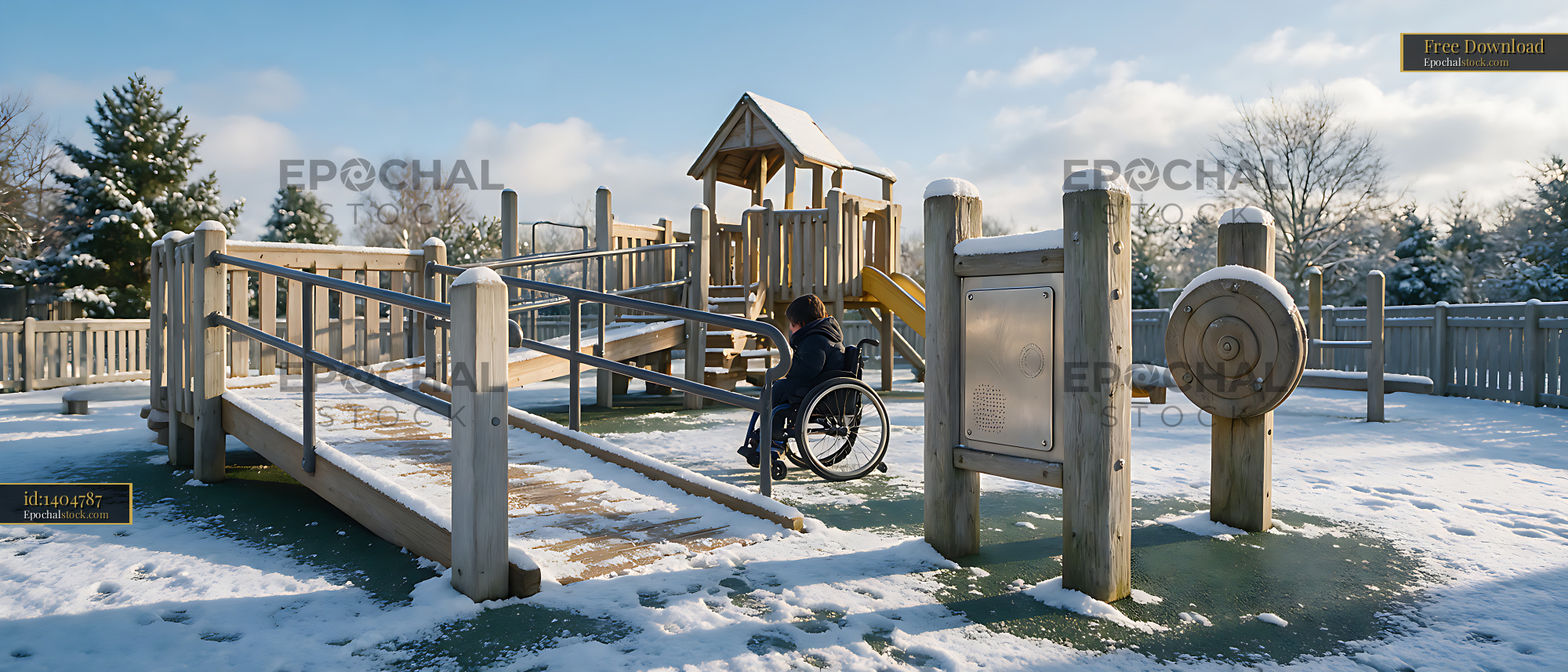 Watermarked full-resolution preview of Wheelchair user at an accessible playground in winter