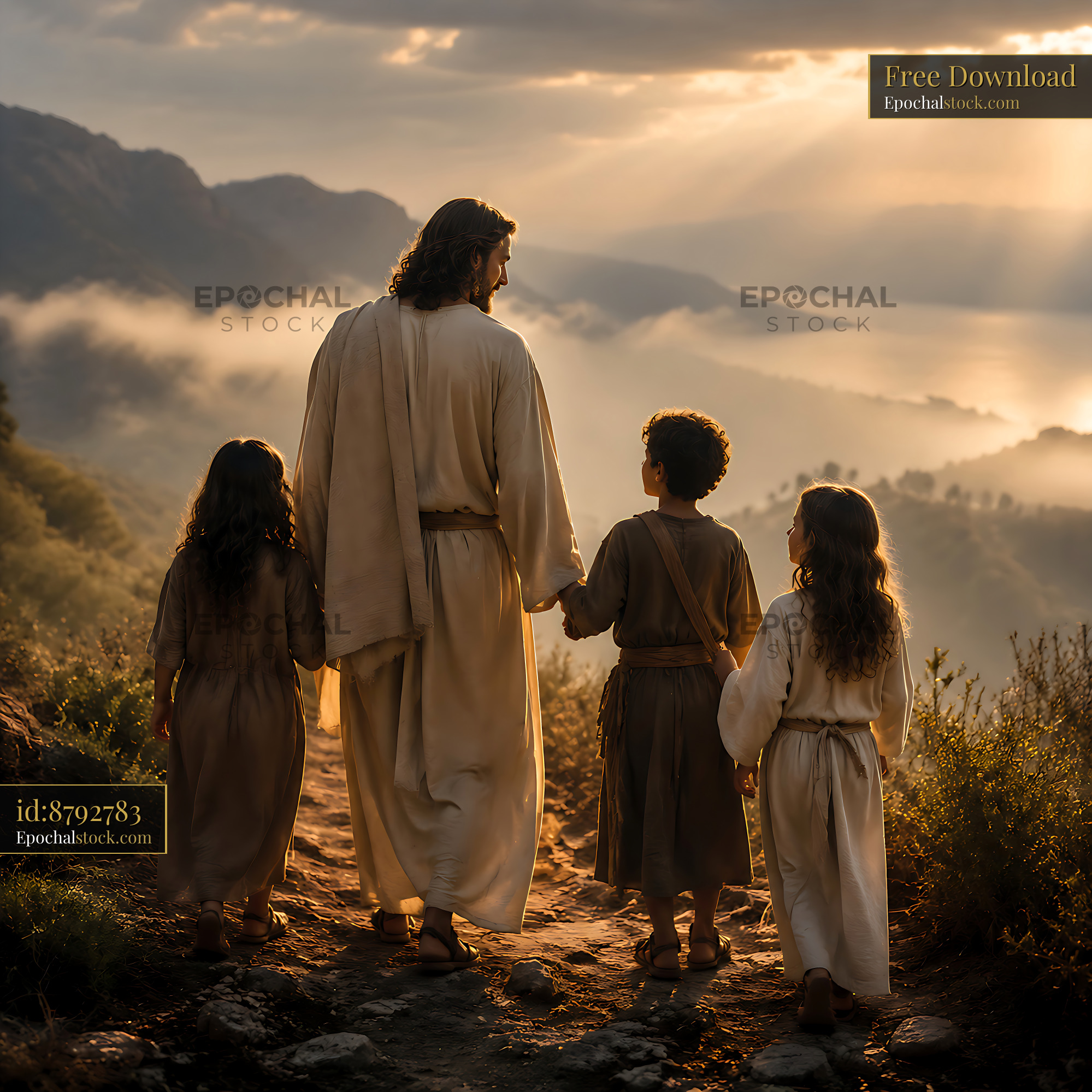 Jesus Walking With Children Through a Scenic Landscape at Sunset - stock photo