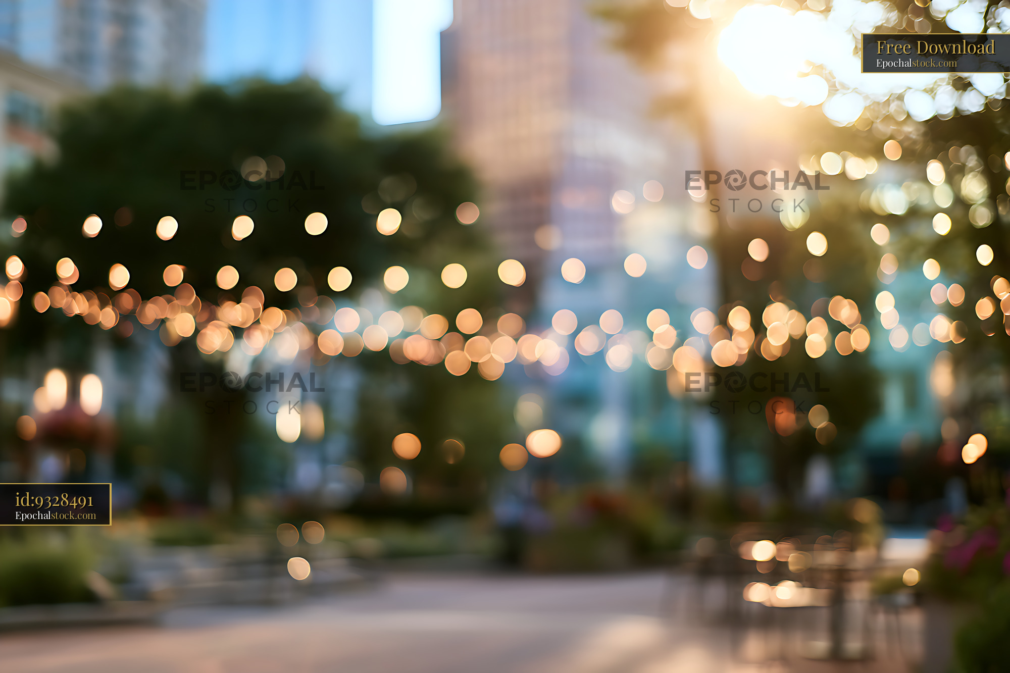 Watermarked full-resolution preview of Blurred city street with warm bokeh lights