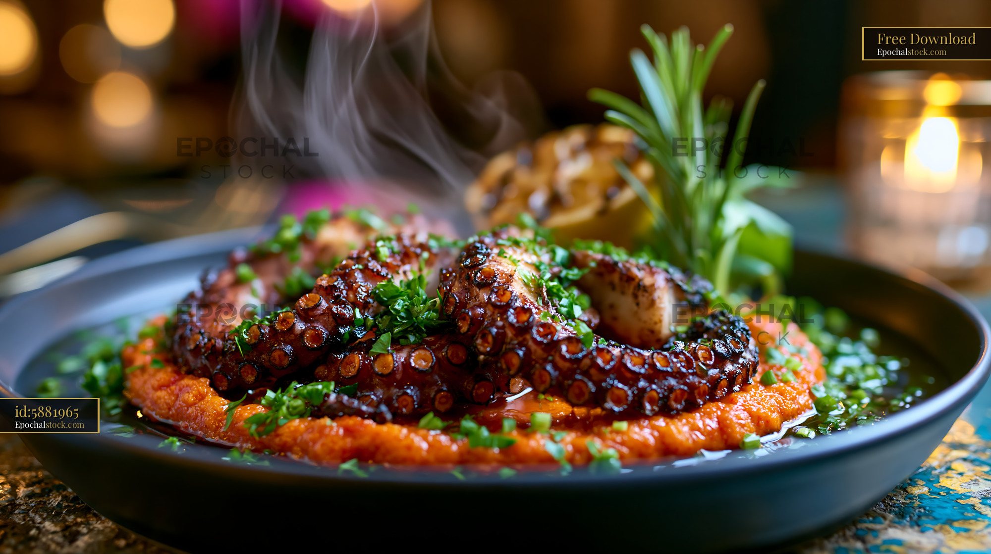 Watermarked full-resolution preview of Grilled octopus served on a bed of red puree with herbs