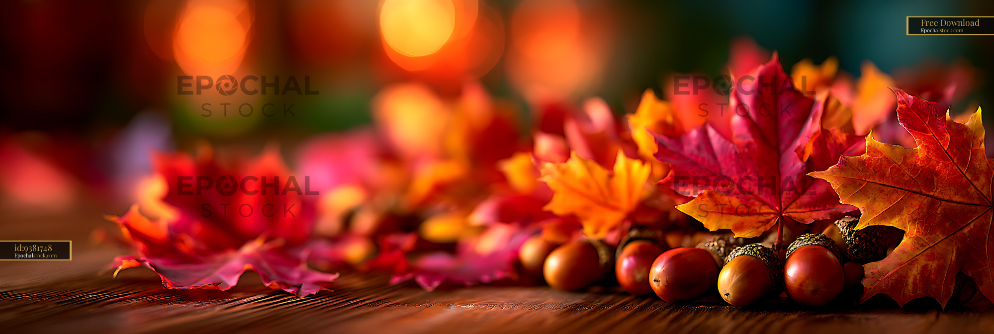 Watermarked full-resolution preview of Colorful autumn leaves and acorns with warm glowing bokeh