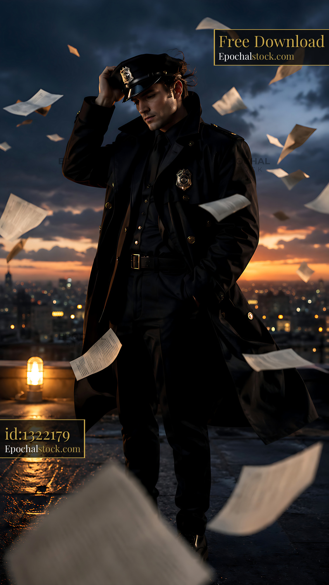 Watermarked full-resolution preview of Police officer standing on rooftop during sunset with flying papers