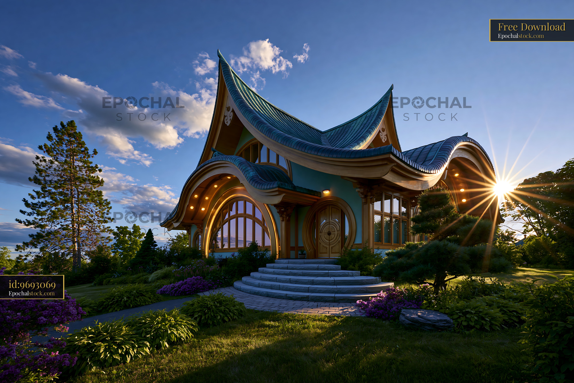 Roche Architectural Design at Golden Hour in Serene Garden Setting - stock photo