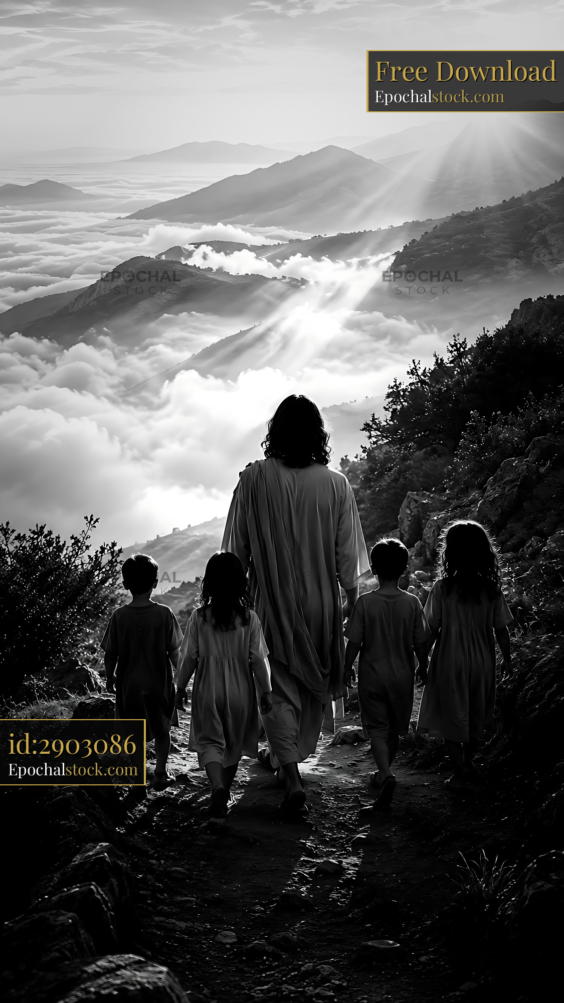 Group of Children Walking With a Figure on a Mountain Path - stock photo