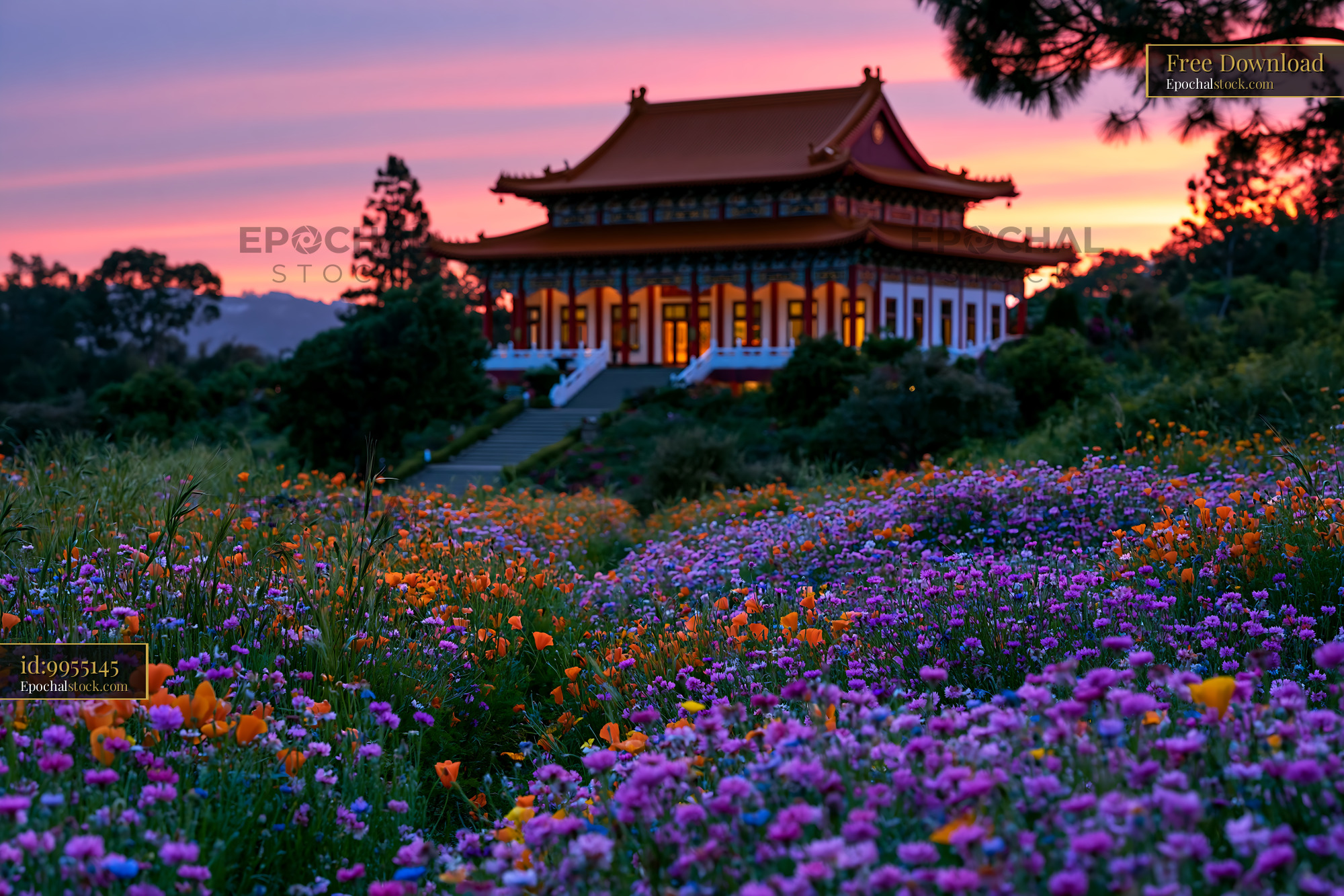 Watermarked full-resolution preview of Temple surrounded by a field of flowers at sunset