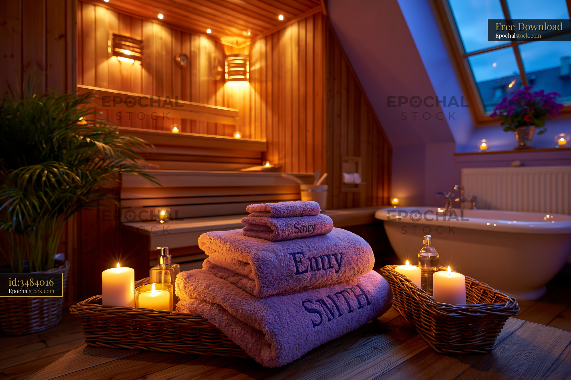 Watermarked full-resolution preview of Relaxing spa setup with towels and candles in a wooden room