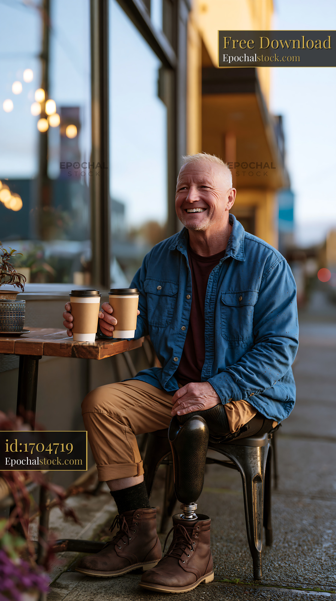 Watermarked full-resolution preview of Man sitting outside with coffee smiling in the daytime
