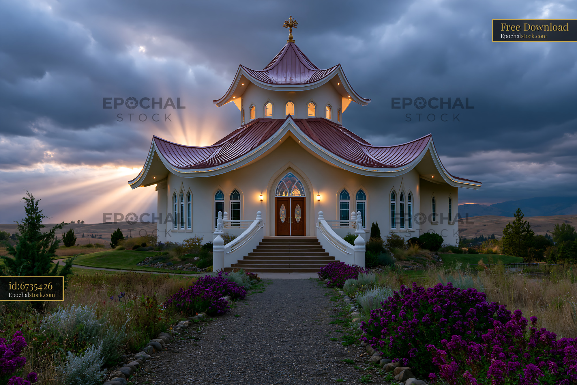Watermarked full-resolution preview of Beautiful church building with unique architecture at sunset