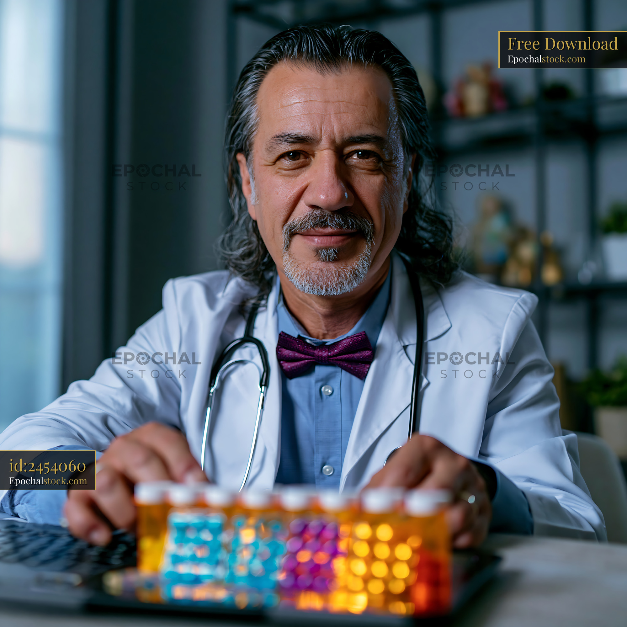 Watermarked full-resolution preview of Doctor in White Coat with Colorful Medicine Containers