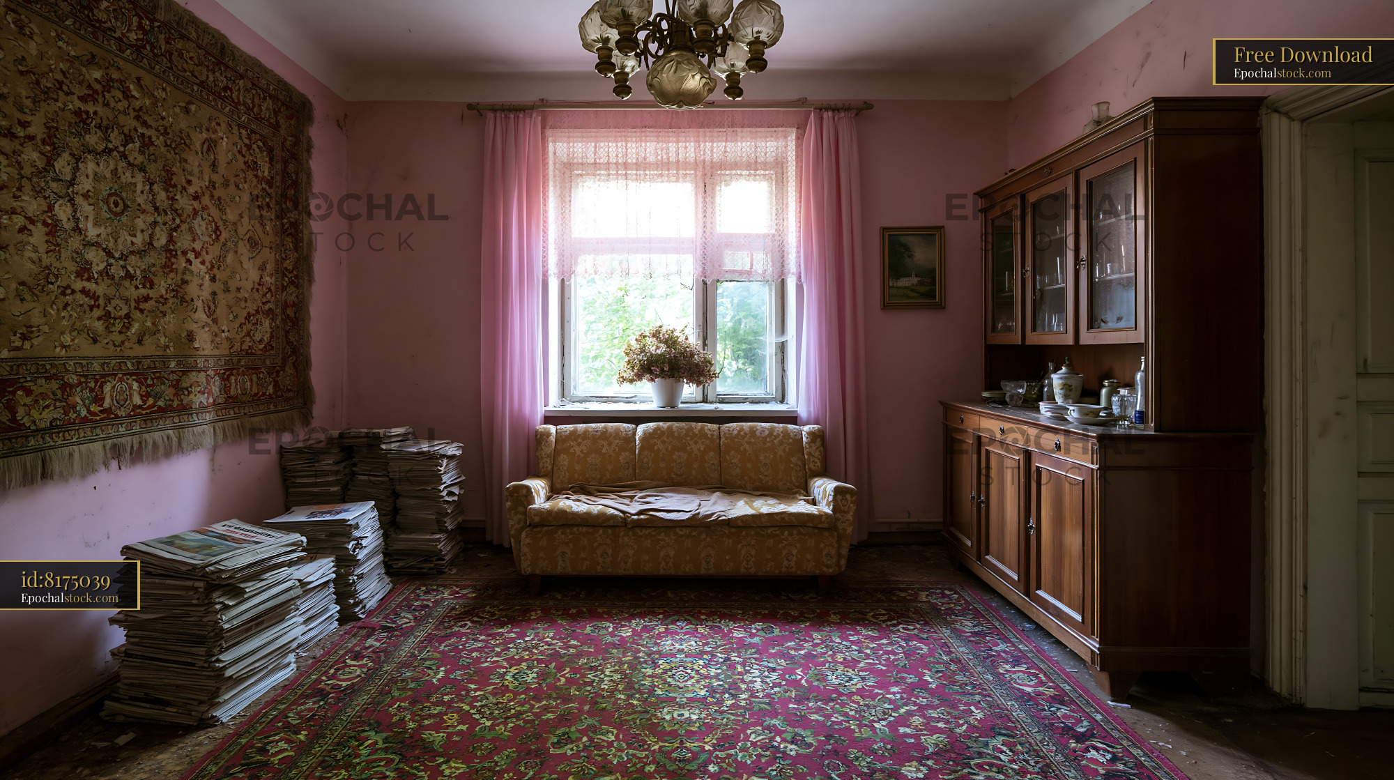 Watermarked full-resolution preview of Living room with old furniture and stacks of magazines