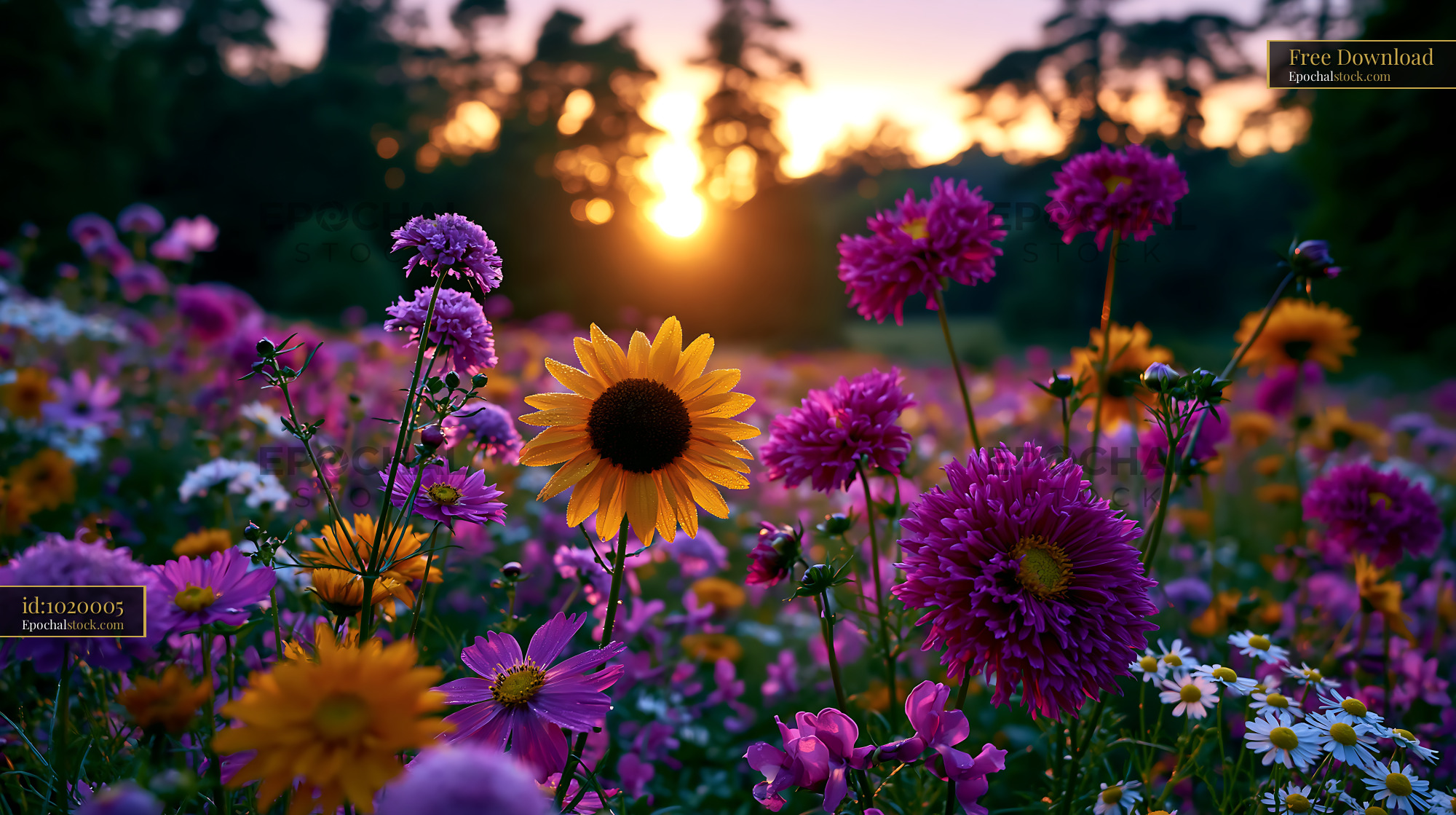 Watermarked full-resolution preview of Vibrant wildflowers in a field during sunset
